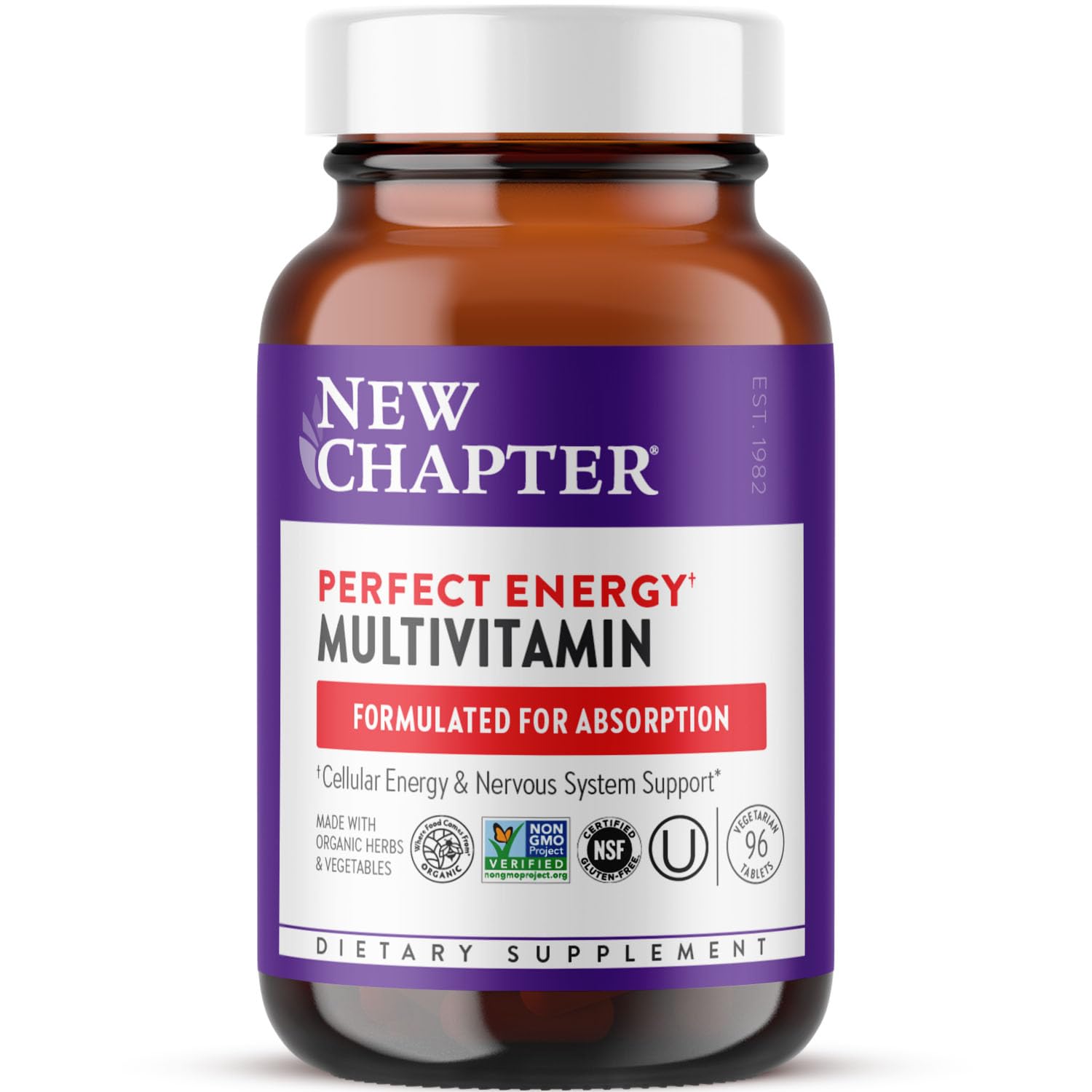 New Chapter Energy Supplement - Perfect Energy Multivitamin for Balanced Energy + Stress Support with B Vitamins + Vitamin D3 + Organic Non-GMO Ingredients - 96 ct