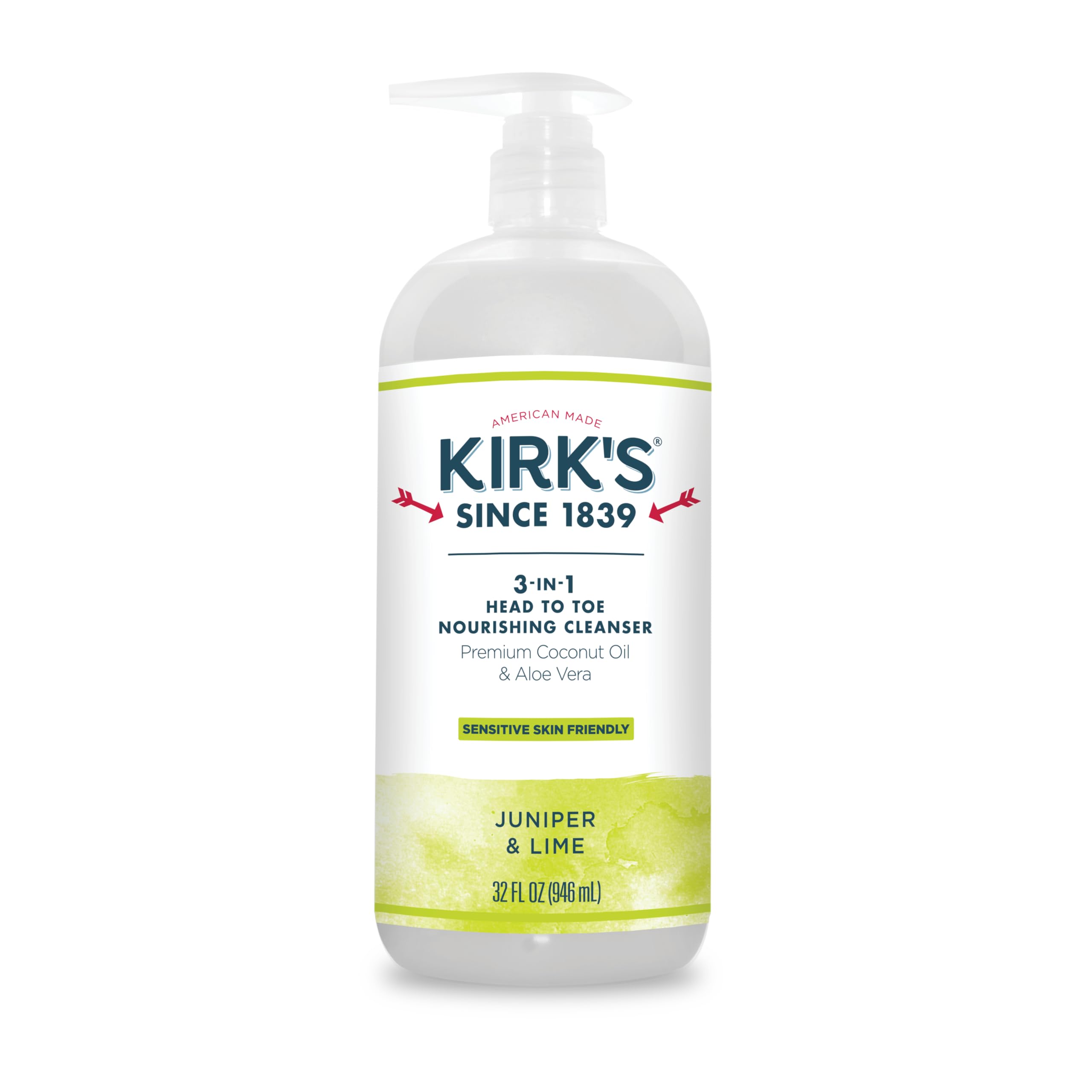 3-in-1 Castile Liquid Soap by Kirkââ‚¬â„¢s | Head-to-Toe Natural Shampoo, Face Soap & Body Wash for Men, Women & Children | Coconut Oil + Aloe Vera | Juniper & Lime Scent | 32 Fl Oz. Pump Bottle