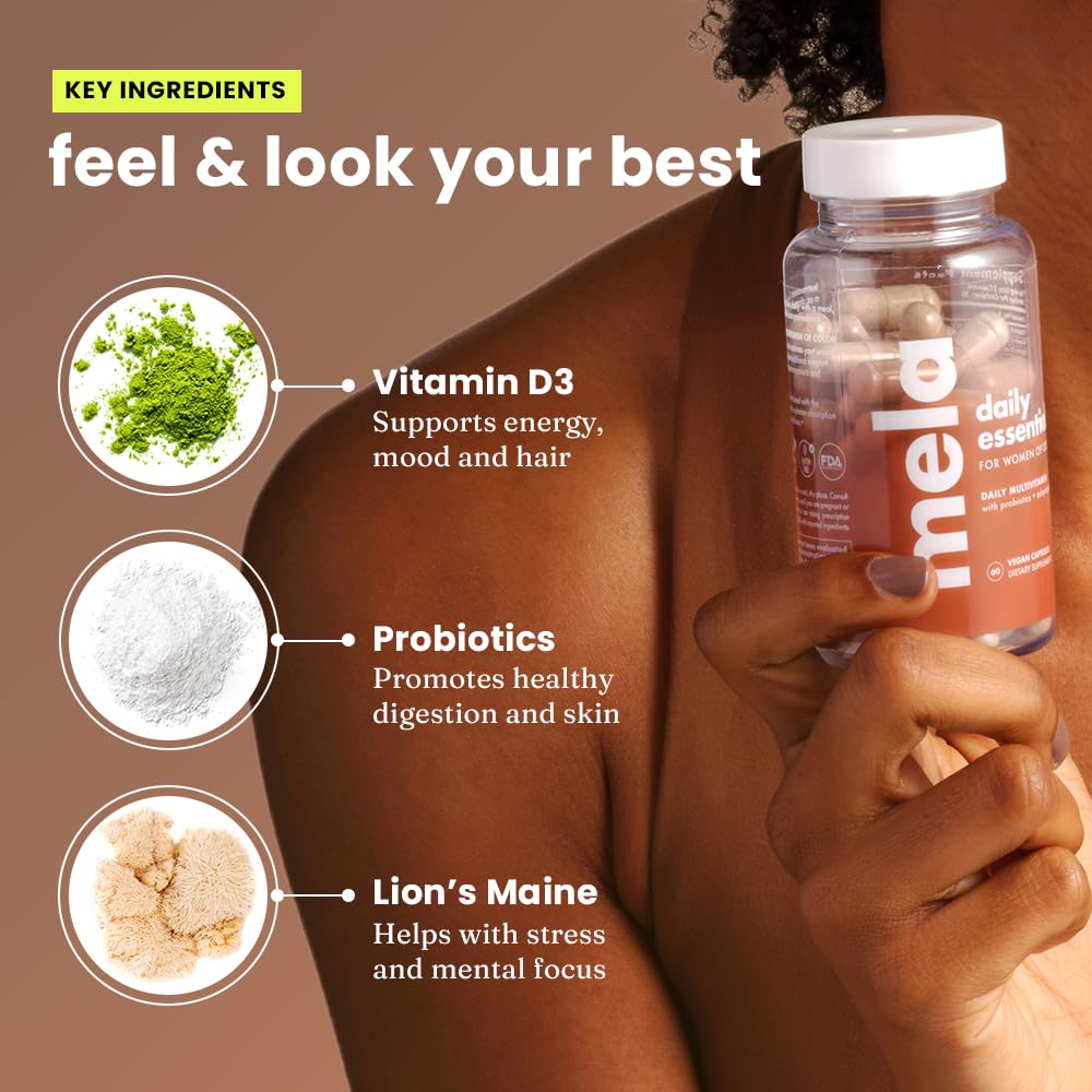 Mela Daily Essentials Multivitamin for Melanated Women - High-Dose Vitamin D3 and B12, Probiotics, Lion's Mane, Ceylon Cinnamon - Vegan, Gluten Free, Non-GMO, 30 Day Supply (60 Capsules)