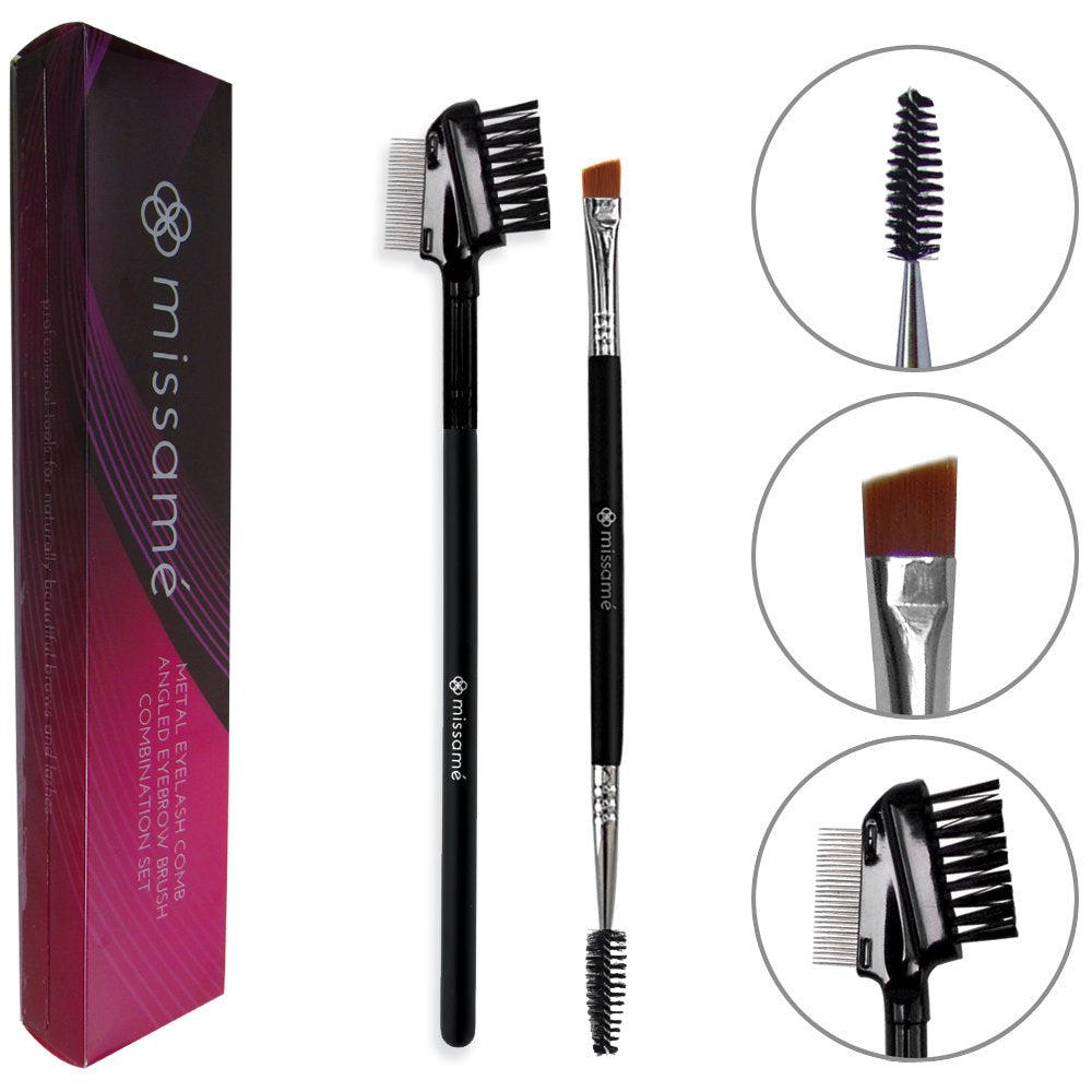 Metal Eyelash Comb and Double Ended Angled Eyebrow Brush with Spoolie, 2pcs Set Professional Tools for Pomade, Gel, or Powder Makeup, Best to Define Lash & Brow Cosmetics