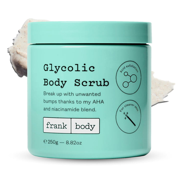 frank Body Glycolic Body Scrub | Vegan, Cruelty Free, Exfoliating Body Scrub | Helps to Fight Breakouts and Soothes Skin & Marks with AHA, Pumice, Witch Hazel, and Niacinamide | 8.82 oz / 250 g