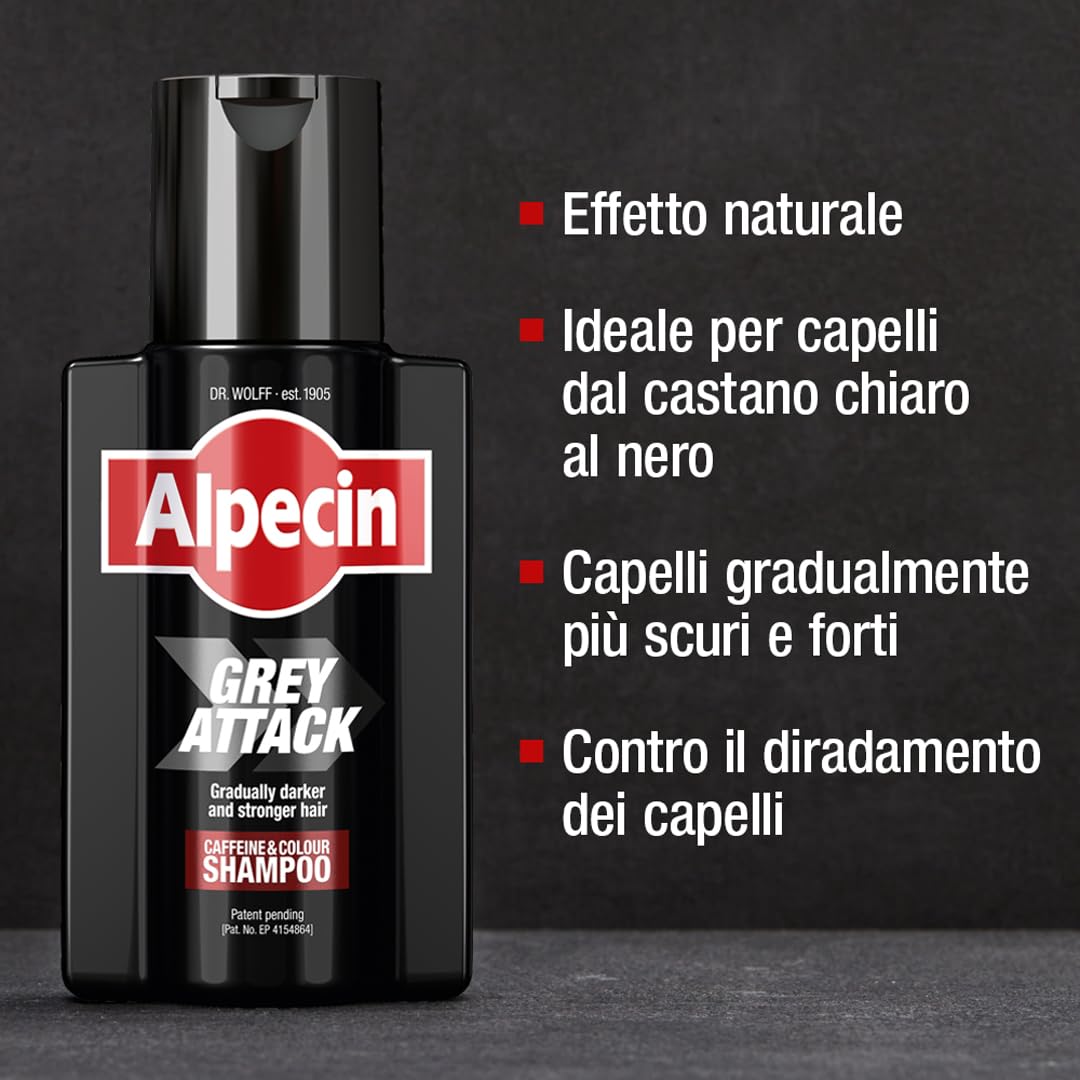 Alpecin Grey Attack Coffein & Color Shampoo - 1 x 200 ml - Schrittweise dunkleres und stärkeres Haar | Kontrolliertes und natürliches Farbergebnis | Gegen Haarausfall