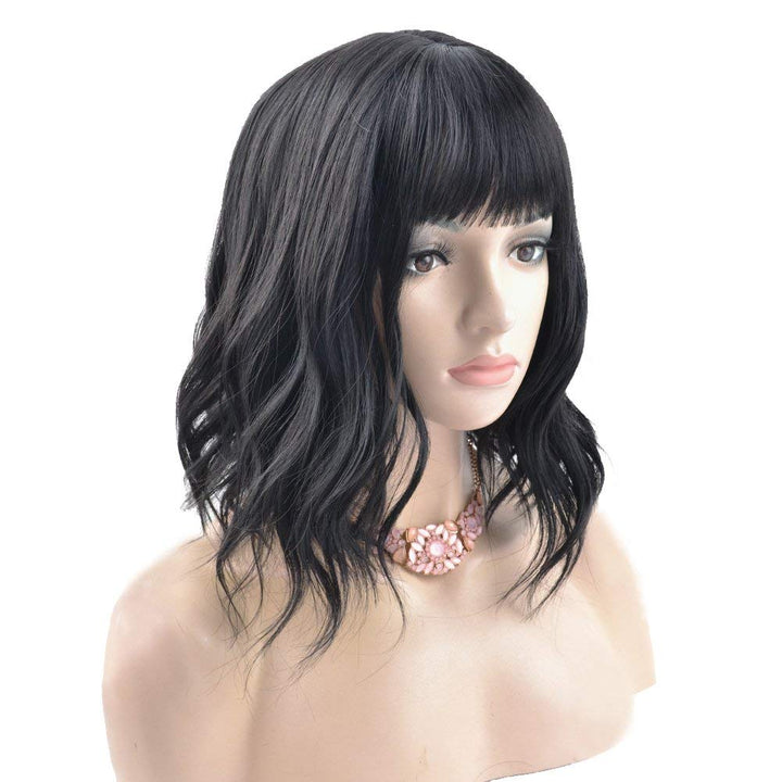 Jet Black : RightOn 14’’ Short Curly Women Girl’s Charming Synthetic Wig with Air Bangs + Free Wig Cap + Free Comb (Jet Black)