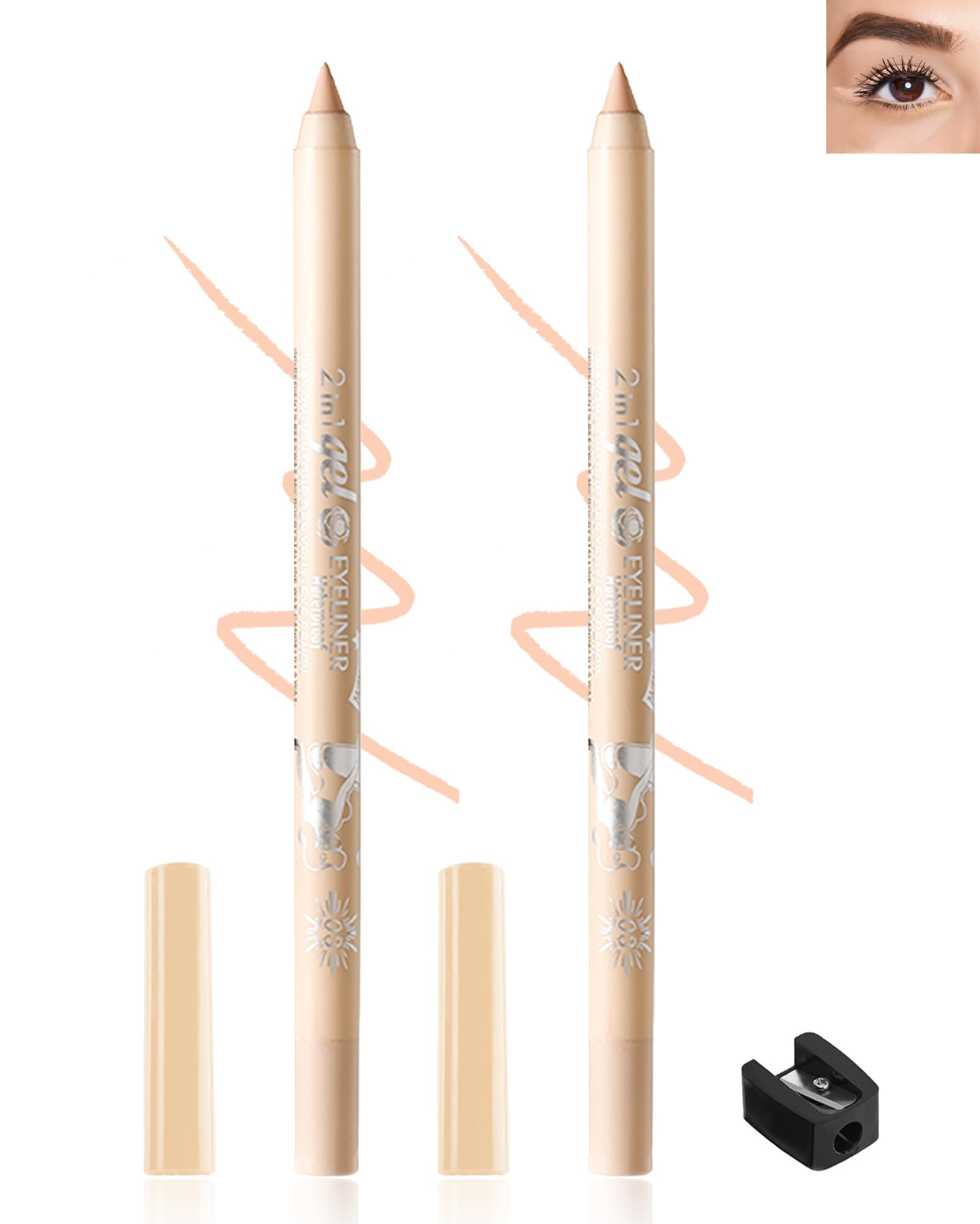 Nude Gel Eyeliner Pencil Set-2Pcs Multi-Use Gel Eye Liner waterline Pen,Long Lasting Waterproof Smudge-proof Water Line Pencil, Professional Eye Makeup Kit for Older Women with Pencil Sharpener-03