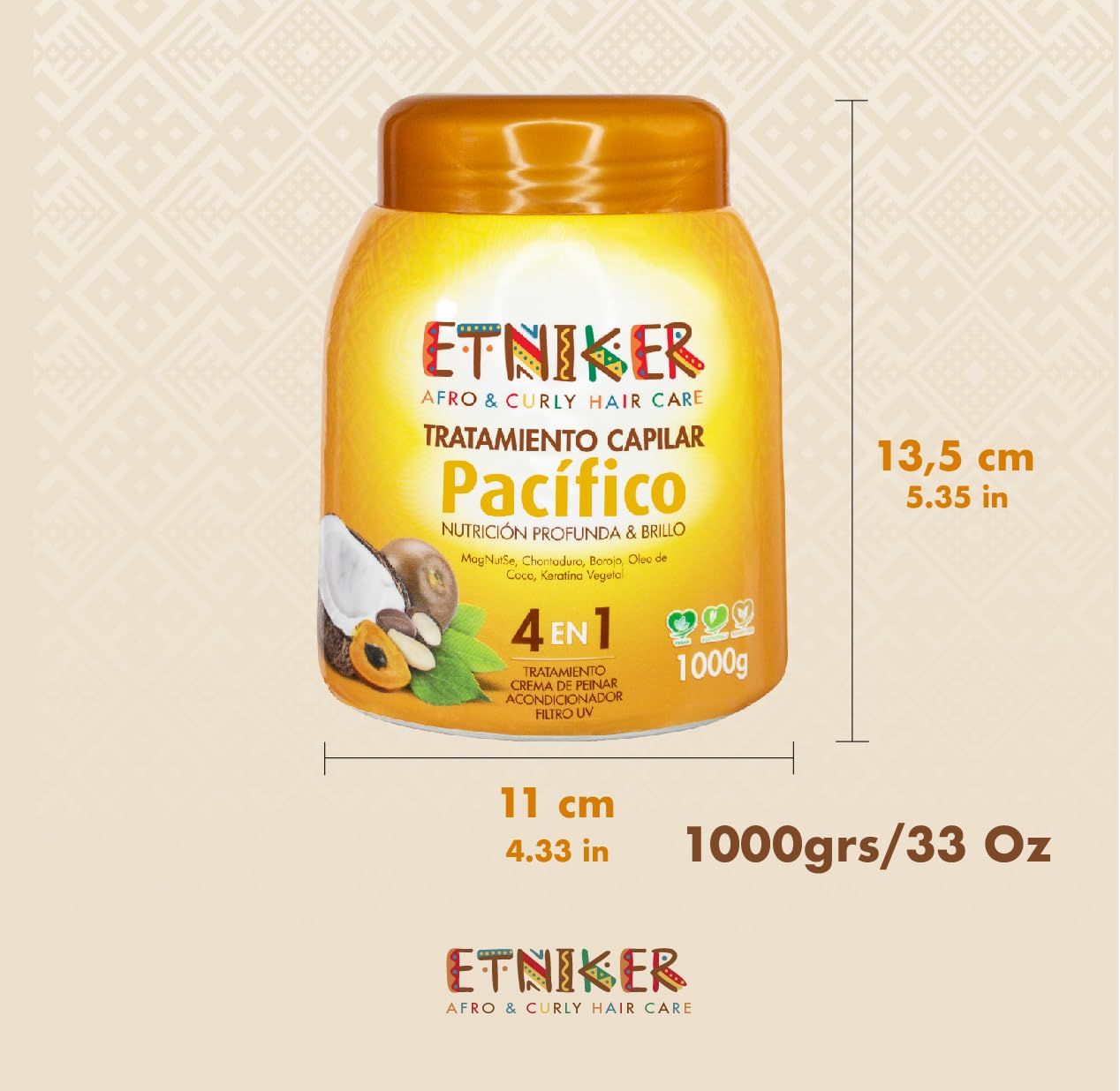 ETNIKER PACIFICO Hair Treatment for Afro, Curly & Wavy Hair | 4-in-1 Deep Conditioner, Styling Cream, UV Protection & Repair Mask | with Peach Palm, Borojo, Coconut Oil & Vegetable Keratin | 33 oz