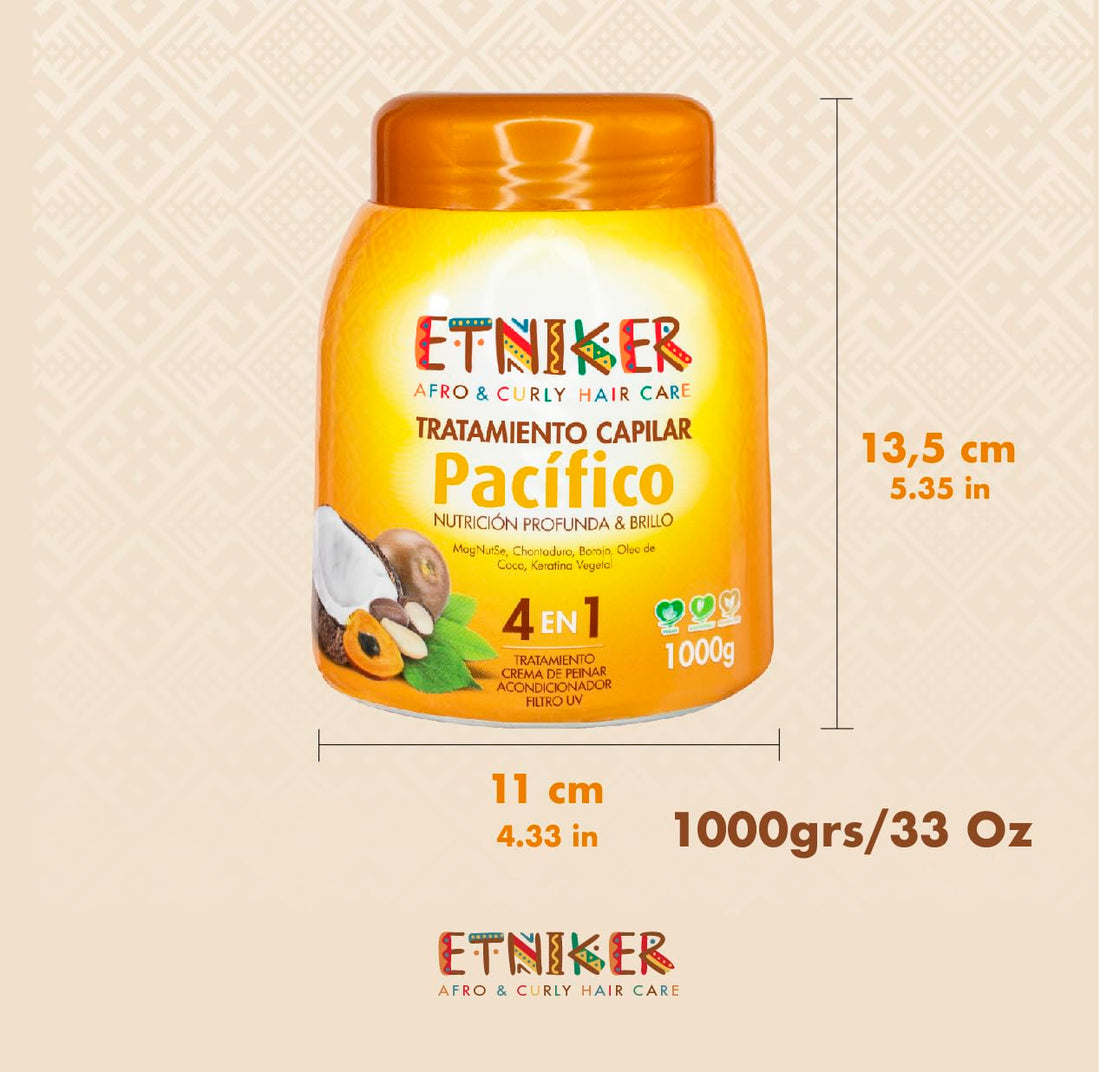 ETNIKER PACIFICO Hair Treatment for Afro, Curly & Wavy Hair | 4-in-1 Deep Conditioner, Styling Cream, UV Protection & Repair Mask | with Peach Palm, Borojo, Coconut Oil & Vegetable Keratin | 33 oz