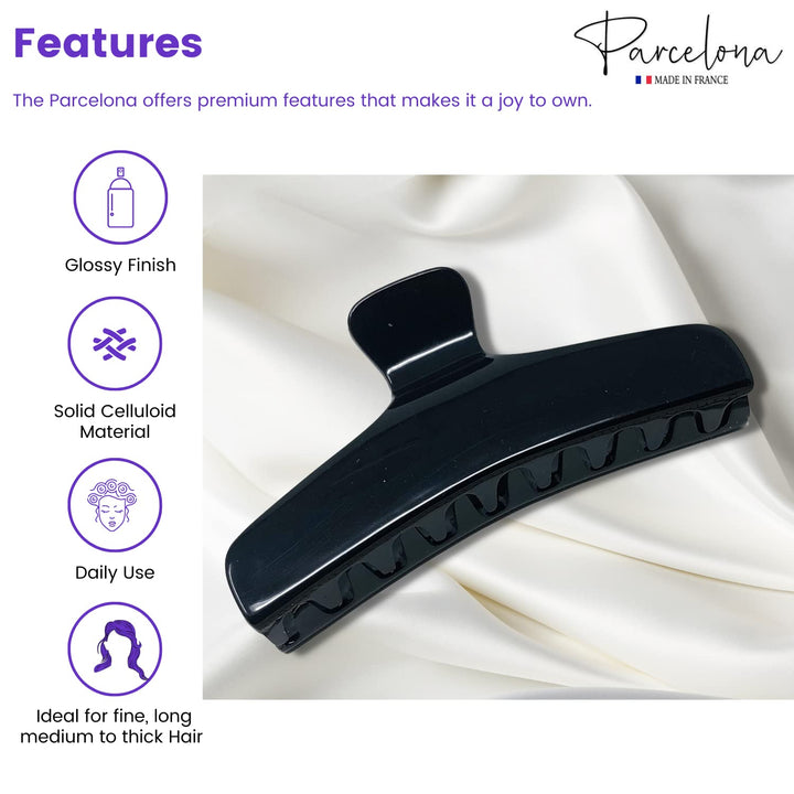 Parcelona French Flat Black Large 4ââ‚¬Â Salon Style Jaw Hair Claw Clip Clutcher Clamp for Women and Girls, Made in France