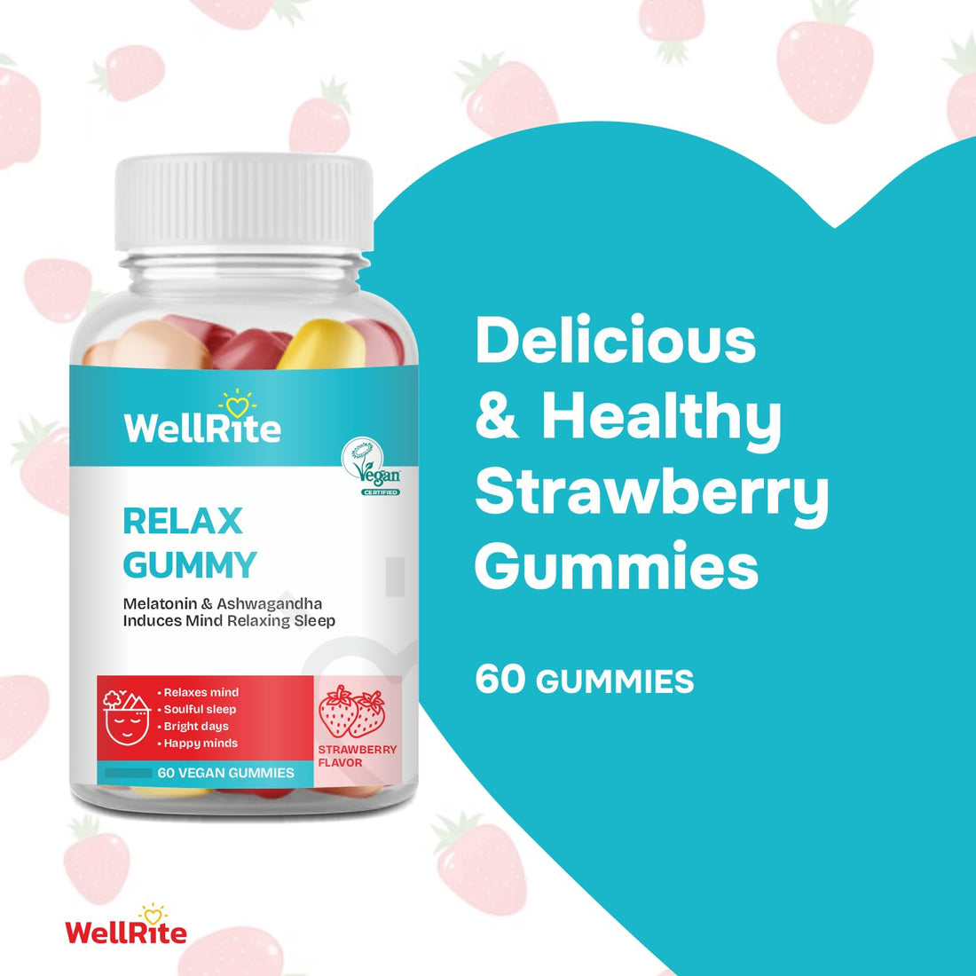 Wellrite Relax Gummy Vitamins with Ashwagandha & Melatonin, 60 Count, Strawberry Flavored, Vegan, Gelatin Free, Gluten Free, Nut Free, Relaxes Mind, Soulful Sleep