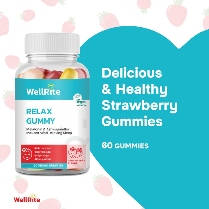 Wellrite Relax Gummy Vitamins with Ashwagandha & Melatonin, 60 Count, Strawberry Flavored, Vegan, Gelatin Free, Gluten Free, Nut Free, Relaxes Mind, Soulful Sleep