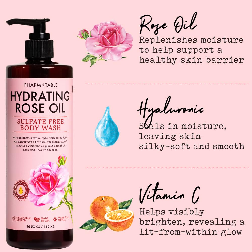 PHARM TO TABLE Hydrating Rose Oil Body Wash for Women and Men - Hydrates and Brightens the Skin, Sulfate Free, 100% Cruelty Free, 480ml