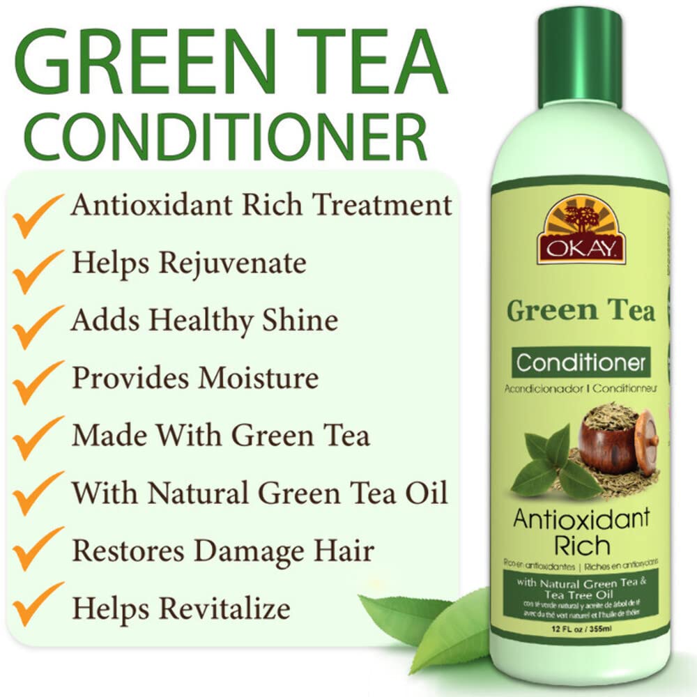 OKAY | Green Tea Nourishing Antioxidant Rich Conditioner | For All Hair Types & Textures | Revitalize - Rejuvenate - Restore | With Tea Tree Oil | Free of Paraben, Silicone, Sulfate | 12 oz