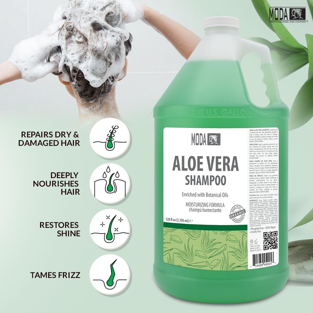MODA - Moisturizing Shampoo for All Hair Types, Aloe Vera, 128 Oz, Professional - Deeply Cleanses and Conditions, Strengthens, Restores and Shine your Hair