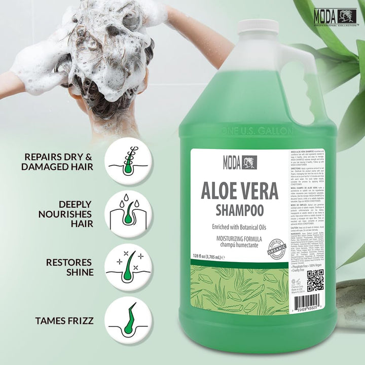 MODA - Moisturizing Shampoo for All Hair Types, Aloe Vera, 128 Oz, Professional - Deeply Cleanses and Conditions, Strengthens, Restores and Shine your Hair