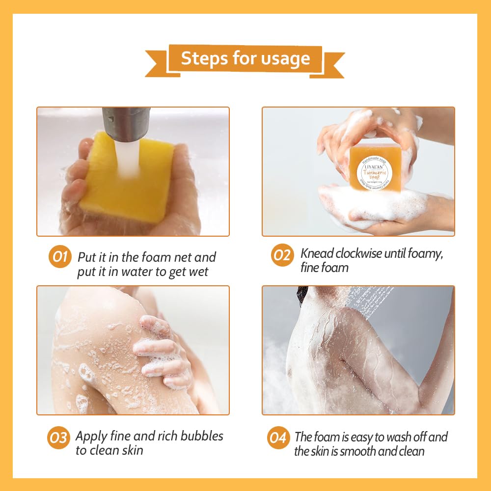 LIYALAN Turmeric Soap Bar 3.88 oz X 2Bars for Face Body Smooth Skin,Cleansing Natural Handmade Sensitive Skin Vegan Formula