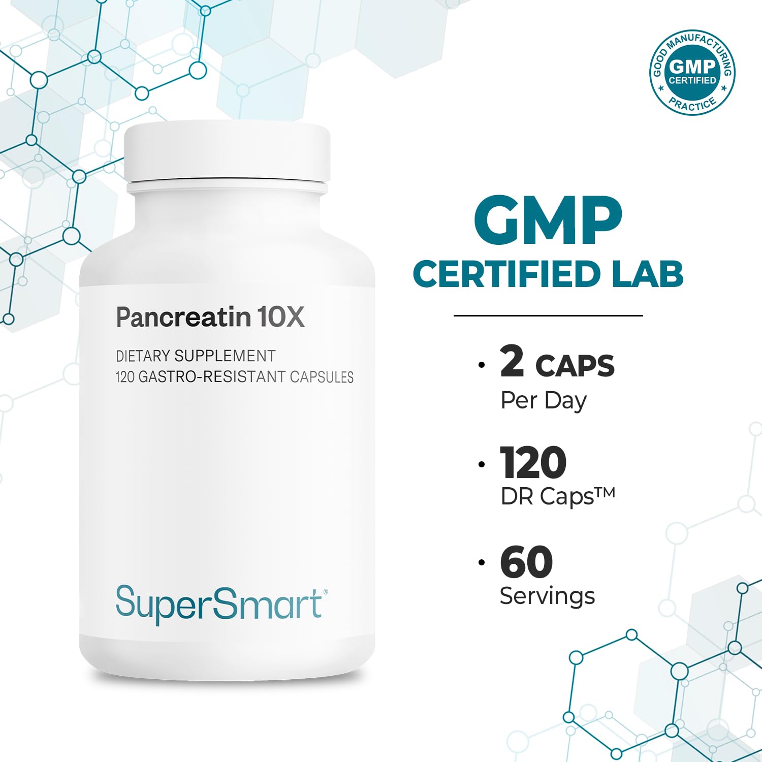 Supersmart - Pancreatin 10X (Extra Strength) - Pancreatin Digestive Enzymes Supplement - Protease, Lipase, Amylase with Trypsin | Non-GMO & Gluten Free - 120 DR Capsules