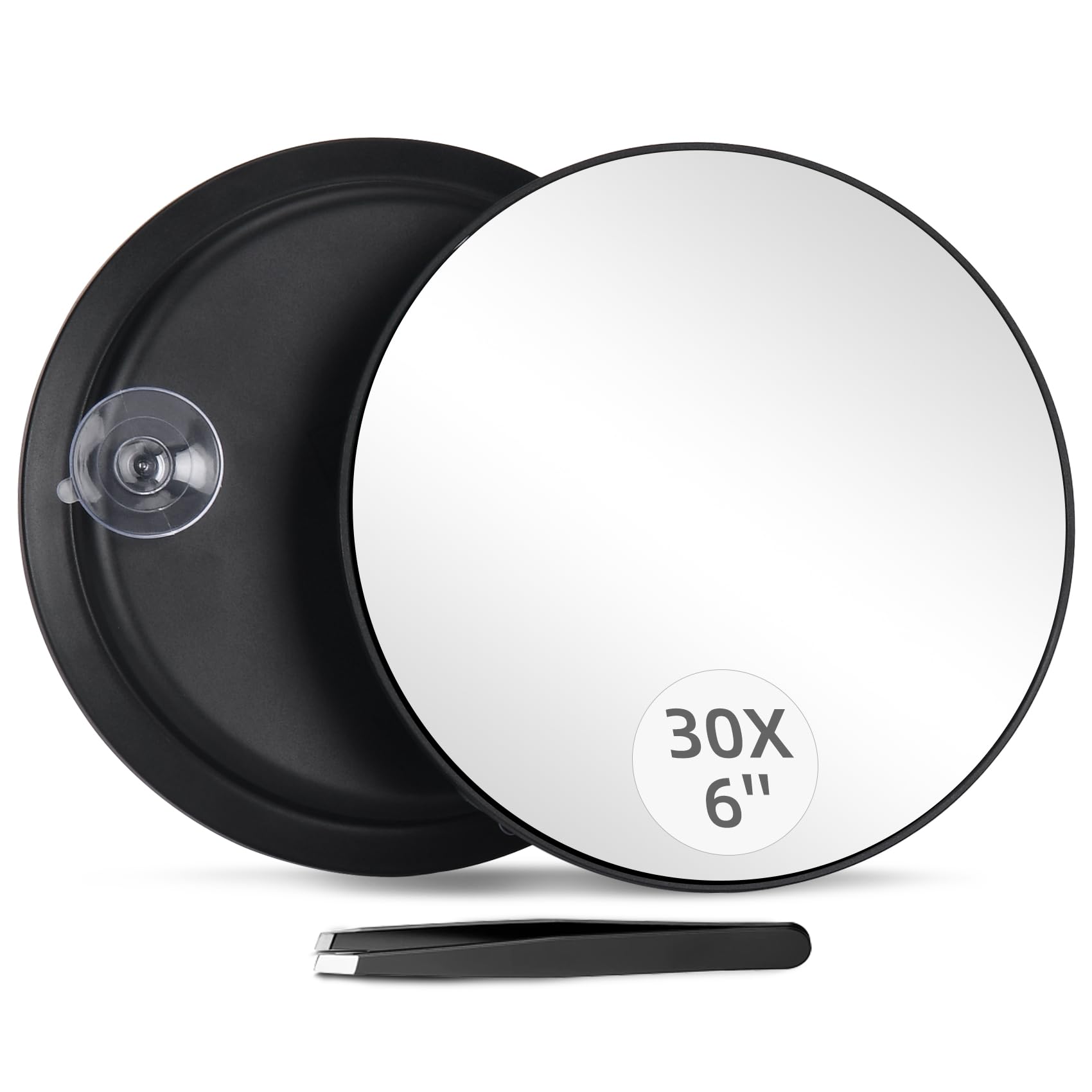 Round 30X Magnifying Mirror, 6inch Magnified Mirror with 3 Suction Cups, Compact Magnifying Mirror and Tweezers, 30X Travel Magnification Mirror for Makeup,Shaving,Blackhead Blemish Removal(Black-30X)