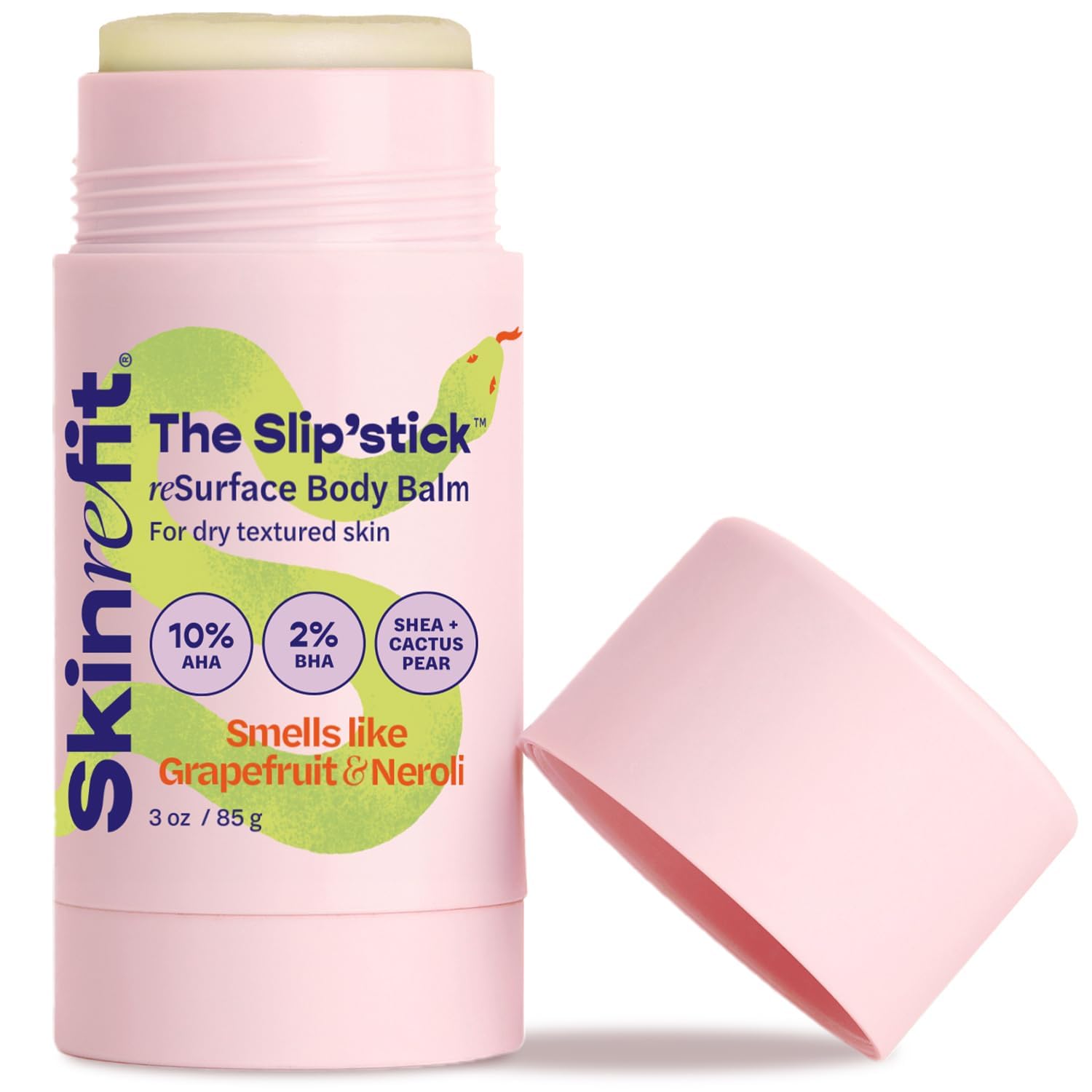 SKINREFIT Slip'stick Body Balm - 10% AHA 2% BHA Exfoliating Body Lotion Stick, Moisturize Rough & Bumpy Skin, Salicylic & Glycolic Acid Lotion Bar, Cracked Heels & KP Bump Eraser, Strawberry Legs 3 OZ