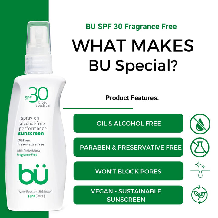 Bu SPF 30 Ultrafine WOWmist Sunscreen Spray - Clear, Non Greasy, Non Toxic, Non Comedogenic. Sweat & Water-Resistant. Travel, Sport, Sensitive Skin (Fragrance-Free, 3.3 oz)