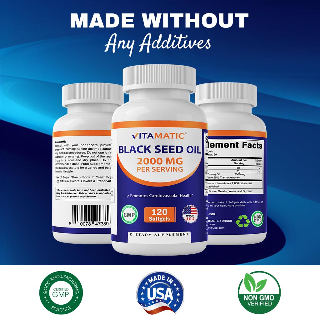 Vitamatic Black Seed Oil Capsules - 2000 mg per Serving - 120 Softgels - Cold Pressed - Contains Min 0.95% Thymoquinone - Supports Healthy Immune Response - Made in The USA
