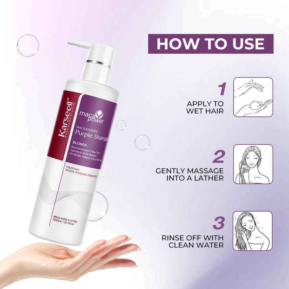 Karseell maca power Purple Shampoo Professional Neutralizes Brass & Yellow Tones For Blonde Silver Gray Highlighted Hair 16.90 oz 500ml