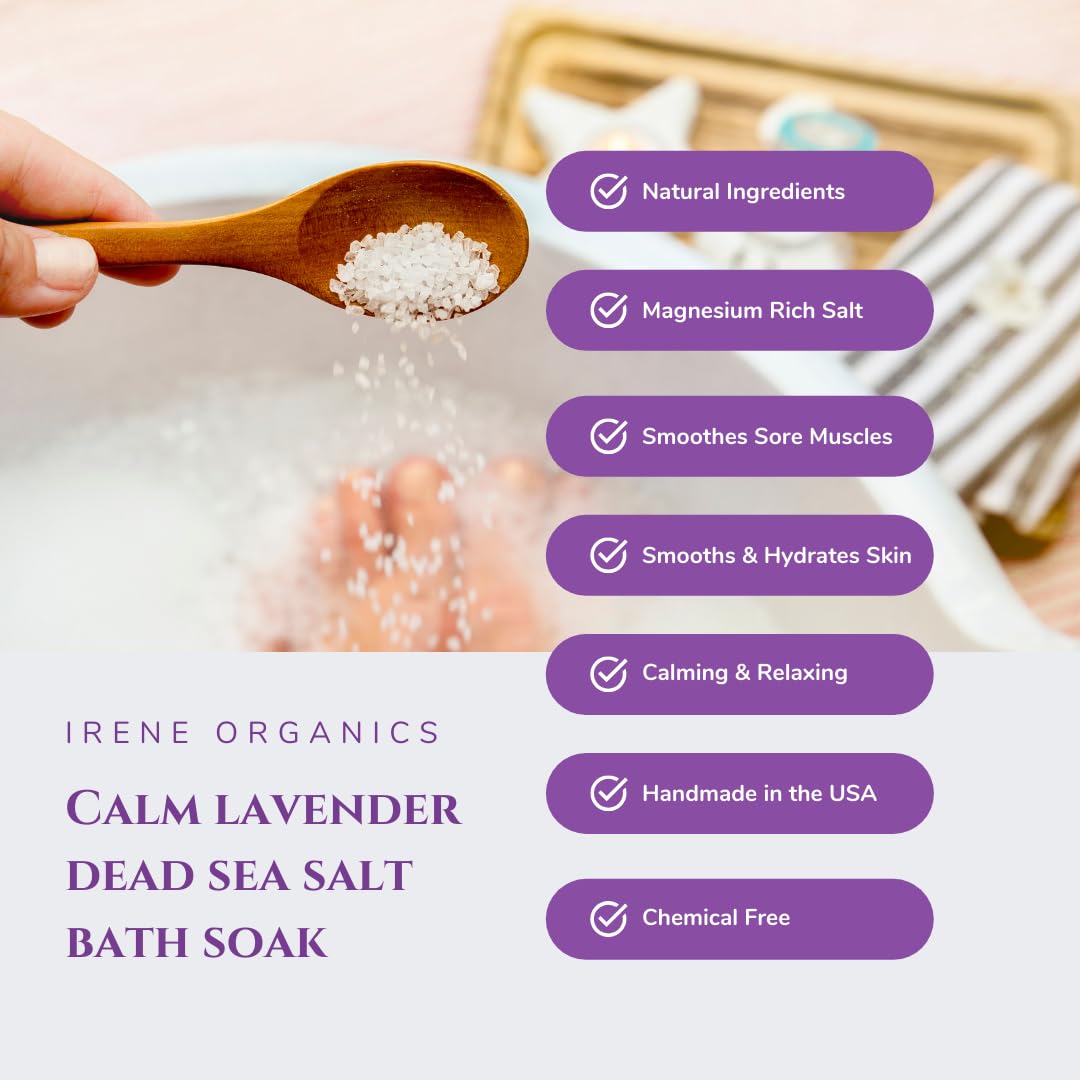 Irene Organics All Natural Bath Salt Soak - Exfoliating Dead Sea Salt + Himalayan Salt Bath Body Scrub for Calm, Soothing and Detoxing (Calm - Lavender)