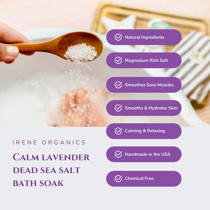 Irene Organics All Natural Bath Salt Soak - Exfoliating Dead Sea Salt + Himalayan Salt Bath Body Scrub for Calm, Soothing and Detoxing (Calm - Lavender)