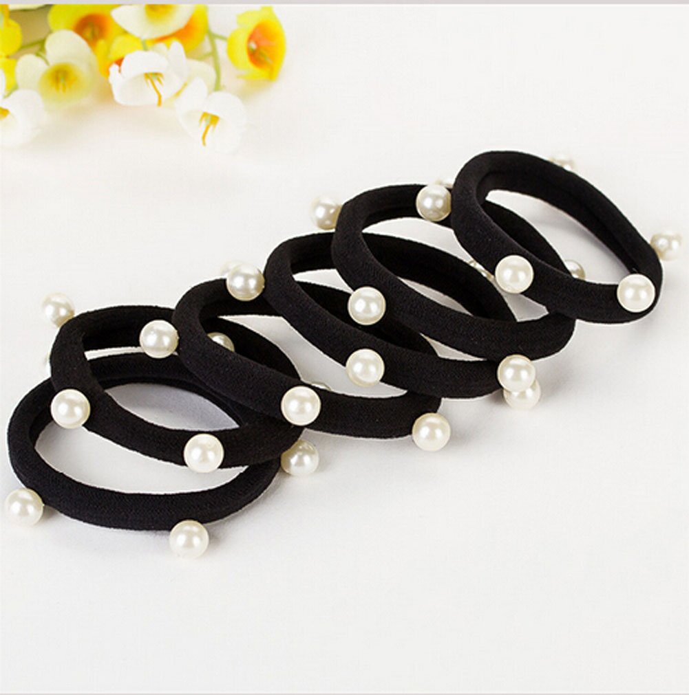 20 Pcs Black Man-made Pearl Elastic Hair Bands Cotton Stretch Hair Ties Ponytail Girl Headbands Hair Ropes Hair Accessories