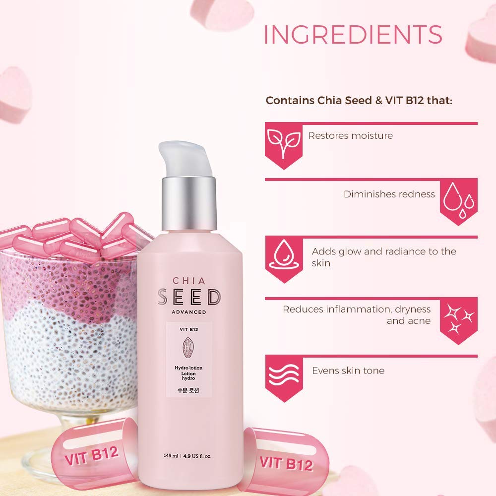 THE FACE SHOP Chia Seed Hydro Lotion | Soft Hydrating Lotion for Skin Moisturizing & Nourishing without Sticky Residue | Formulated for Intense, Upgraded & Hydrating Care, 4.9 Fl Oz