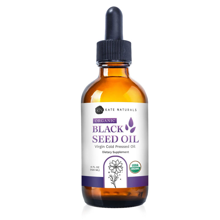 Kate Naturals Black Seed Oil Liquid. Antioxidant Supplement for Immune Support and Digestion (4oz, Organic, Virgin, Cold Pressed, Non-GMO) Pure Blackseed Cumin Oil for Hair and Skin