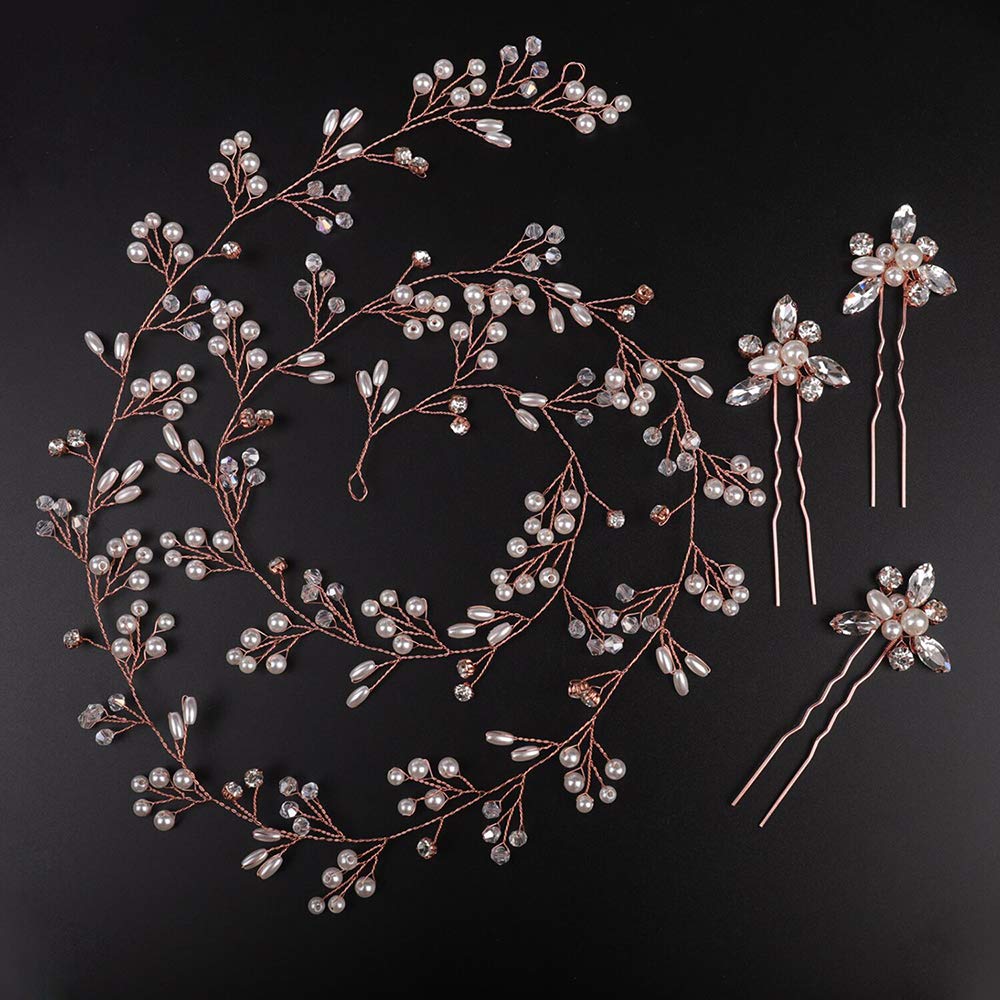 Deniferymakeup Bridal Rose Gold and Gold Silver Extra Long Pearl and Crystal Beads Bridal Hair Vine Wedding Head Piece Bridal Hair Accessories Headband Hair Jewelry Hair Accessories (Rose gold)