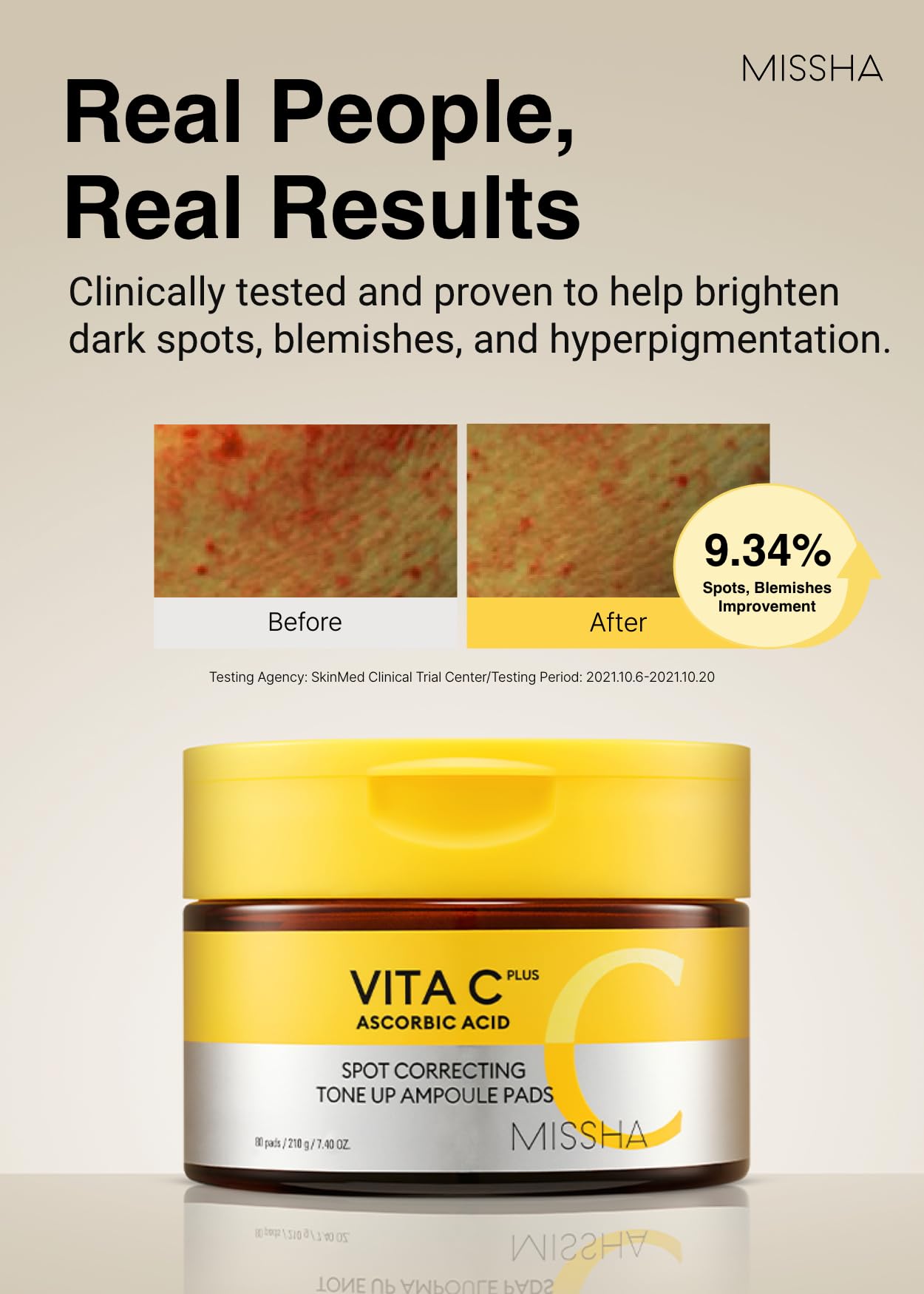 MISSHA Vita C Tone Up Ampoule Toner Pads (80 pads) Exfoliating Pads, Spot Treatment Pads with Vitamin C, Hyaluronic Acid, Collagen, Hydrating