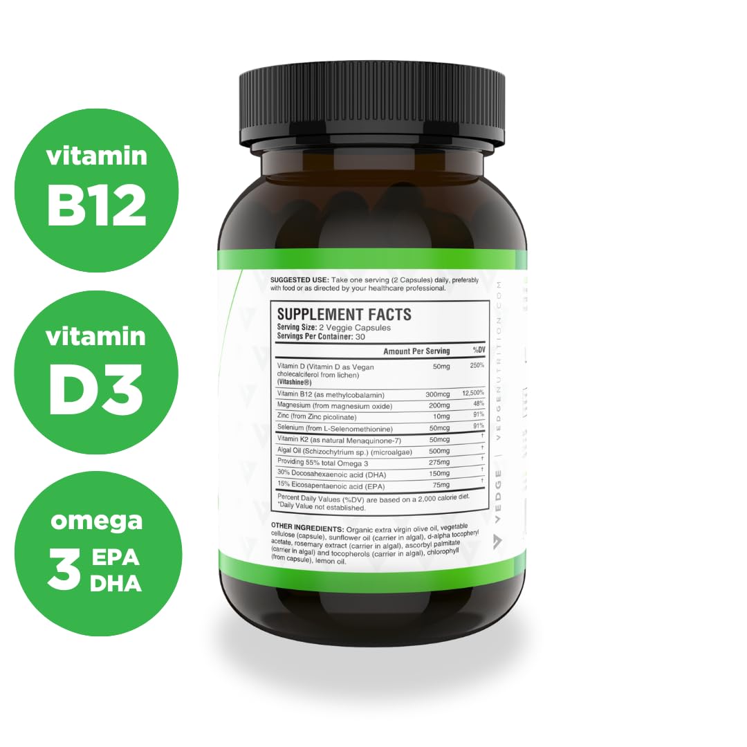 vedge Vegan Omega 3 - Daily Multivitamin Contains Vitamin D, Vitamin B12, Algal Oil for Vegan EPA & DHA - Natural Vitamins, Minerals - 30 Day Supply Nutrition Essential
