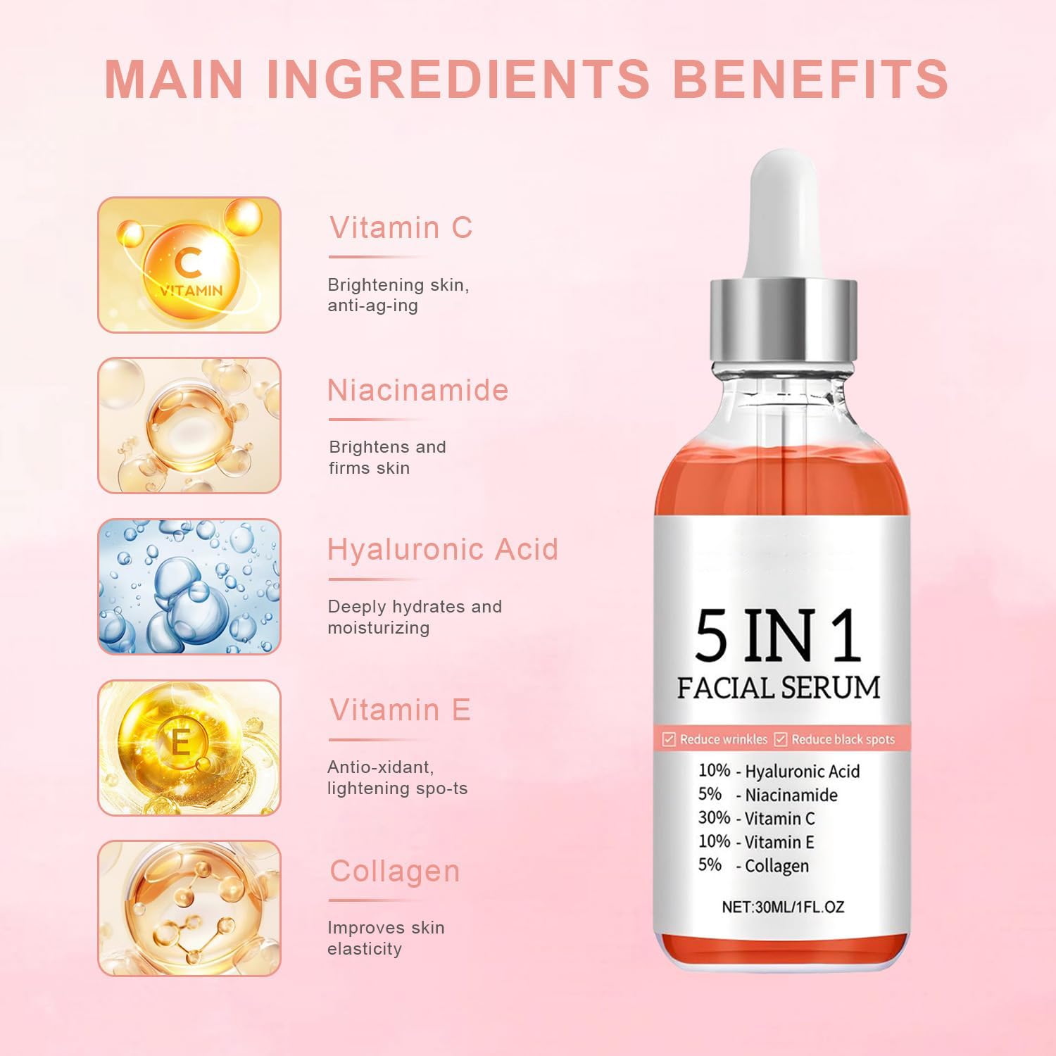 5 in 1 Facial Serum with Vitamin C, Vitamin E, Hyaluronic Acid, Niacinamide & Collagen, Vitamin C Face Serum for Women for Dull Skin & Facial Moisturizing, 1.05 Fl Oz