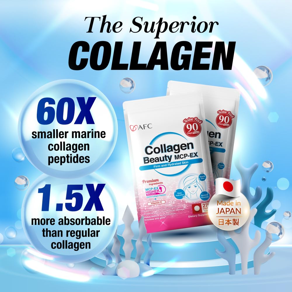 AFC Japan Collagen Beauty MCP-EX with Marine Collagen Peptide, 1.5X Better Absorption Than Other Collagen, for Anti-Aging, Skin, Hair, Nails, Bone and Joints, for Women & Men, 90 Days Supply