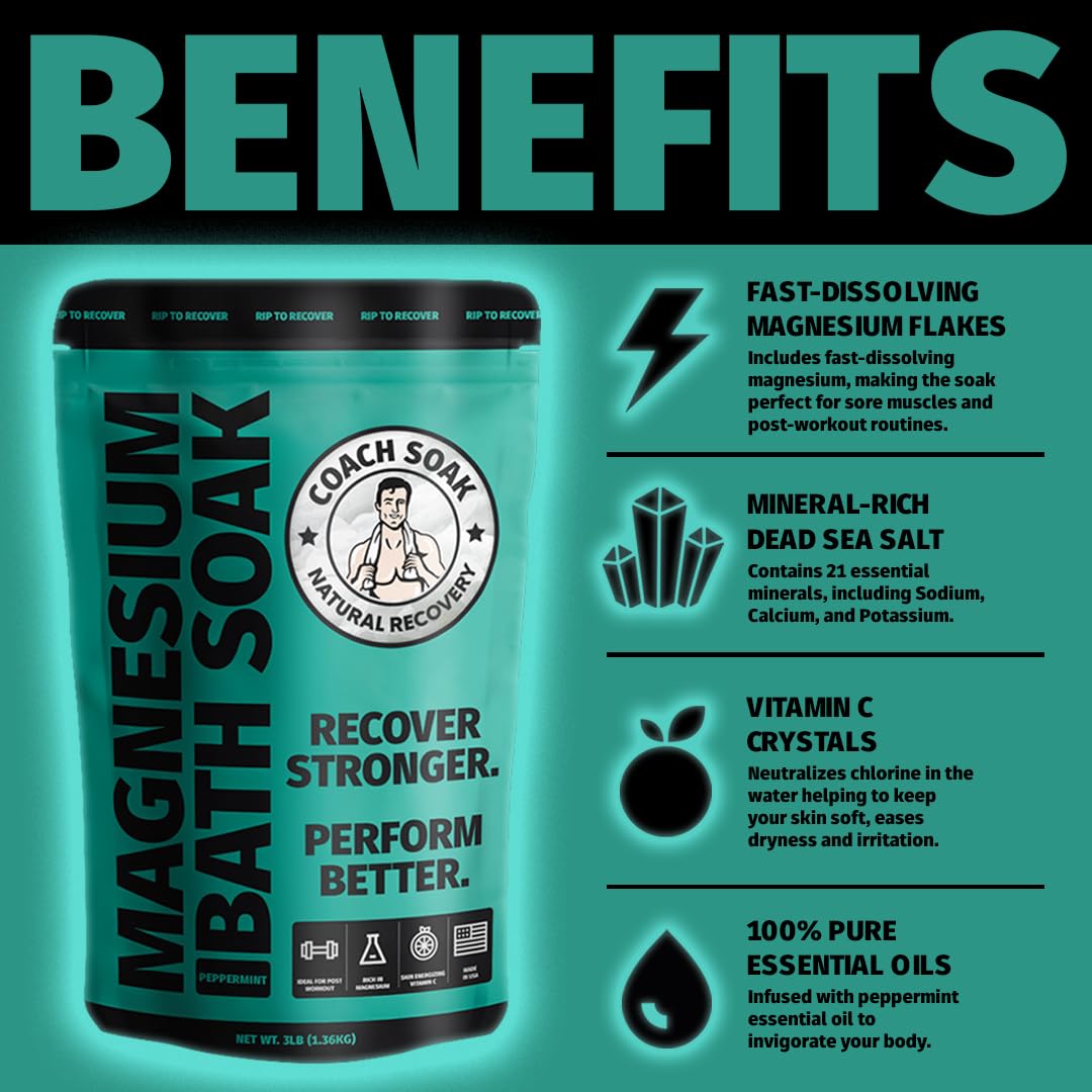 Coach Soak: Recovery Bath Soak - Absorbs Faster Than Epsom Salt Bath Soak for Pain – Rejuvenating Post Workout Magnesium Flakes -21 Minerals, Essential Oils & Bath Salts (Cooling Peppermint)