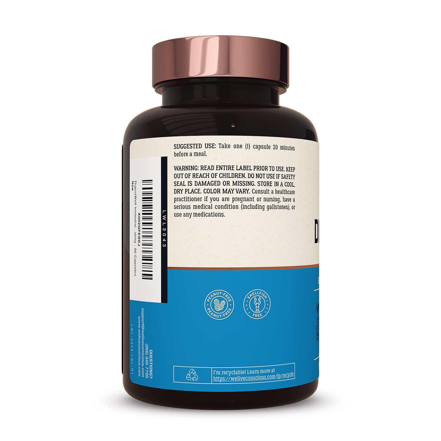 Live Conscious DigestWell Immediate Support - Fast-Acting Digestive Support | Broad Spectrum Enzyme, Probiotic & Herbal Formula - Decreases Everyday Gas & Bloating - 90 Capsules