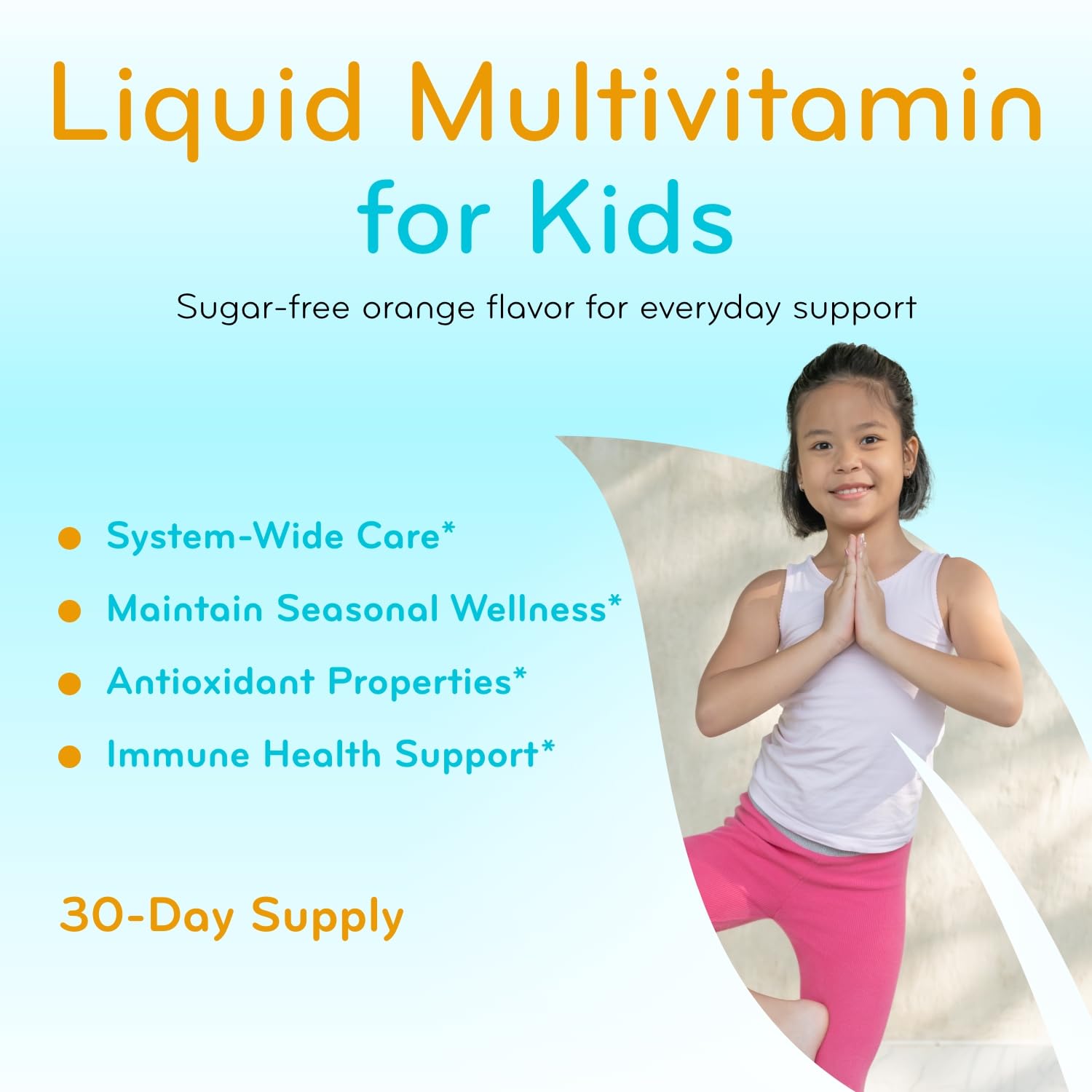 Sugar Free Liquid Multivitamin for Kids - High Absorption Kids Liquid Multivitamin with Vitamins A C D E & B Complex Plus Quercetin Immune Support Complex - 3rd Party Tested - Orange Flavor (1 Month)