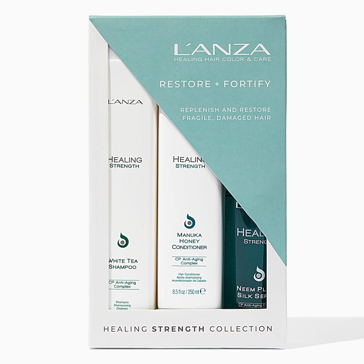 L'ANZA Healing Strength Trio Hair Kit, White Tea Shampoo, Manuka Honey Conditioner & Neem Plant Silk Hair Serum in a Gift Box, Luxury Hair Care Kit for Dry, Damaged Hair (10.1/8.5/3.4 Fl Oz)