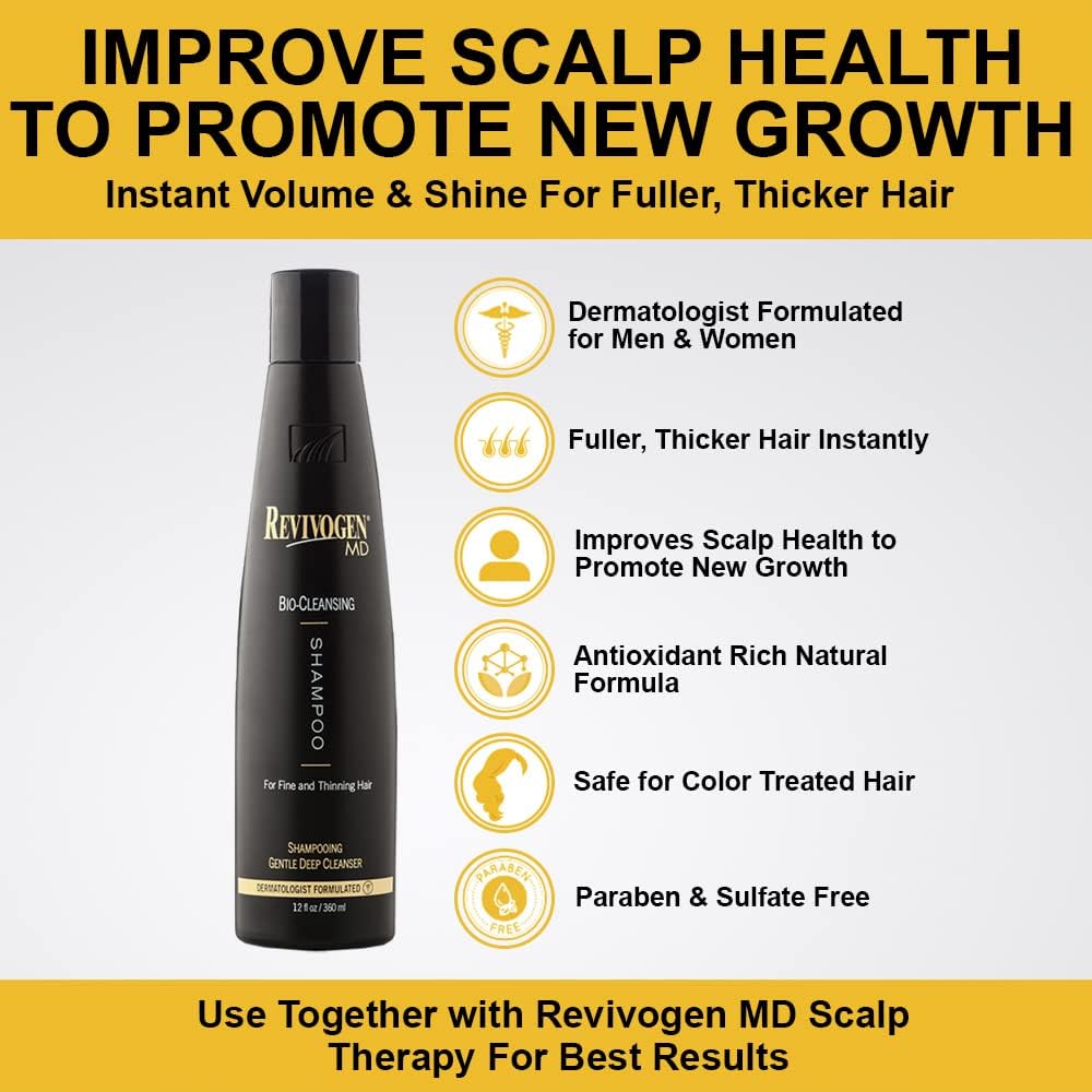 Revivogen MD Bio-Cleansing Shampoo for Thinning Hair, DHT Blocker Shampoo, Hair Loss Shampoo, Shampoo Thinning Hair, Soothes Scalp, Routine Shampoo for Women/Men Hair Loss, Hair Shampoo, 12oz, 2pk
