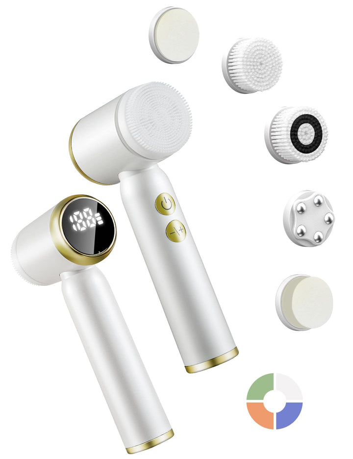 6 in 1 Face Brushes for Cleansing and Exfoliating ,Spin Facial Cleansing Brush with LED Display,Electric Face Cleansing Brush ,Rechargeable Facial Cleansing Brush with 6 Heads BSROLUNA(Milk White)