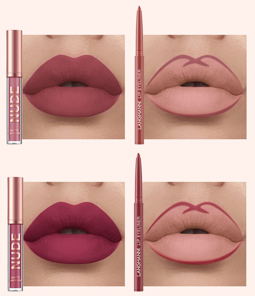 URQT 12pcs Lip Liner and Lipstick Set, 6 Velvety Matte Liquid Lipsticks + 6 Matching Smooth Lip Liner One Step Lips Long Lasting Waterproof Makeup Kits Gift Set