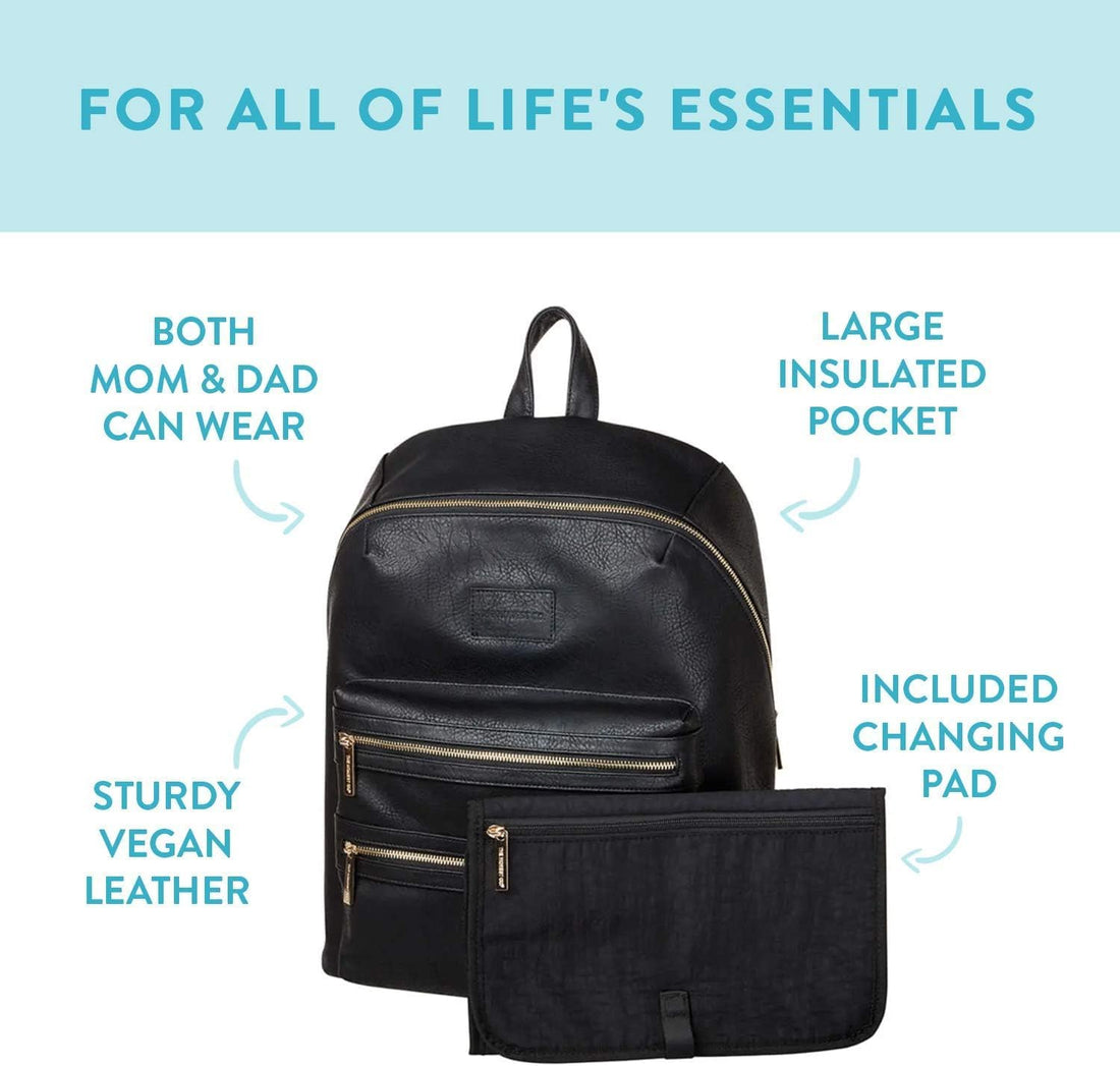 The Honest Company Vegan Leather City Backpack | Diaper Bag with Changing Pad | Black Vegan Leather with Gold Hardware | PVC-Free Lining | 16 x 5 x 18