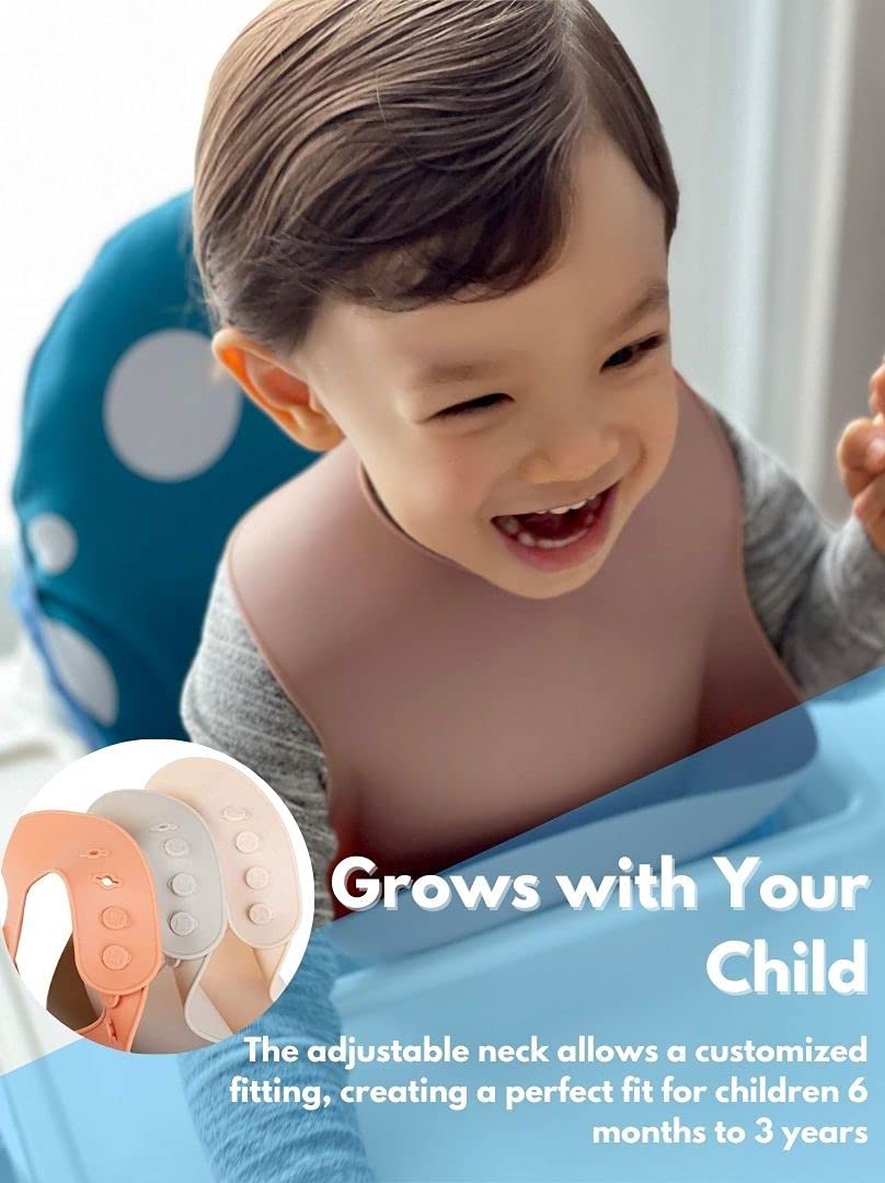 The Happy Stork Silicone Baby Bib with Food Catcher, Adjustable Fit Waterproof, Silicone Bibs for Girl, Boy, Infant and Toddlers Ages 6 to 36 Months