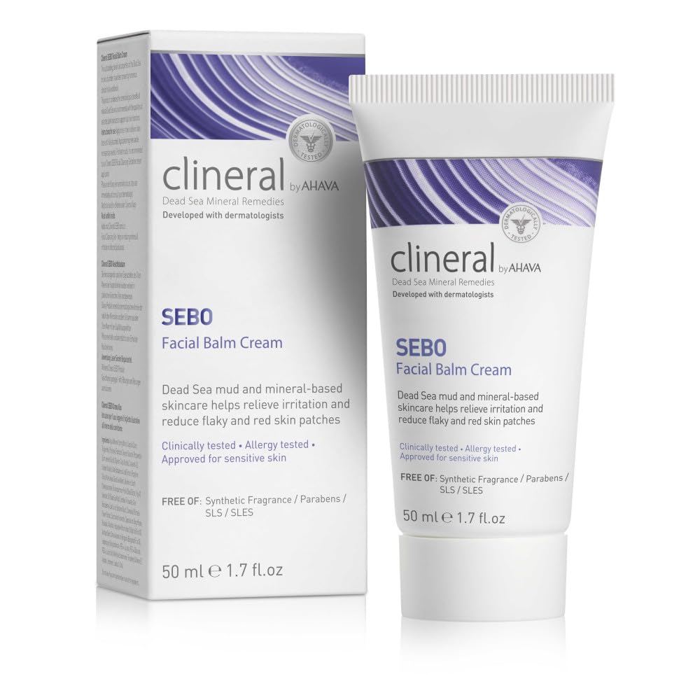 AHAVA Clineral Sebo Facial Balm Cream - Rich balm reduces facial irritation & redness, softens dry & sensitive skin, enriched with Osmoter, Dead Sea Mud, Aloe Vera, Hippophae & Bergamot Oil, 1.7 Fl.Oz
