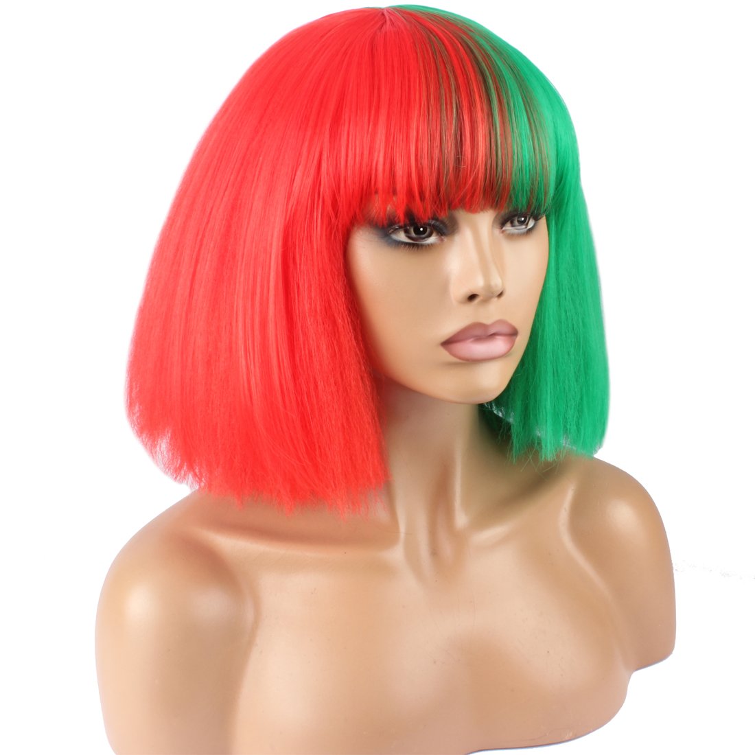 Red And Green: Weken Fashion Wig Women'S Short Bob Kinky Straight Full Bangs Synthetic Hairpieces Red And Green