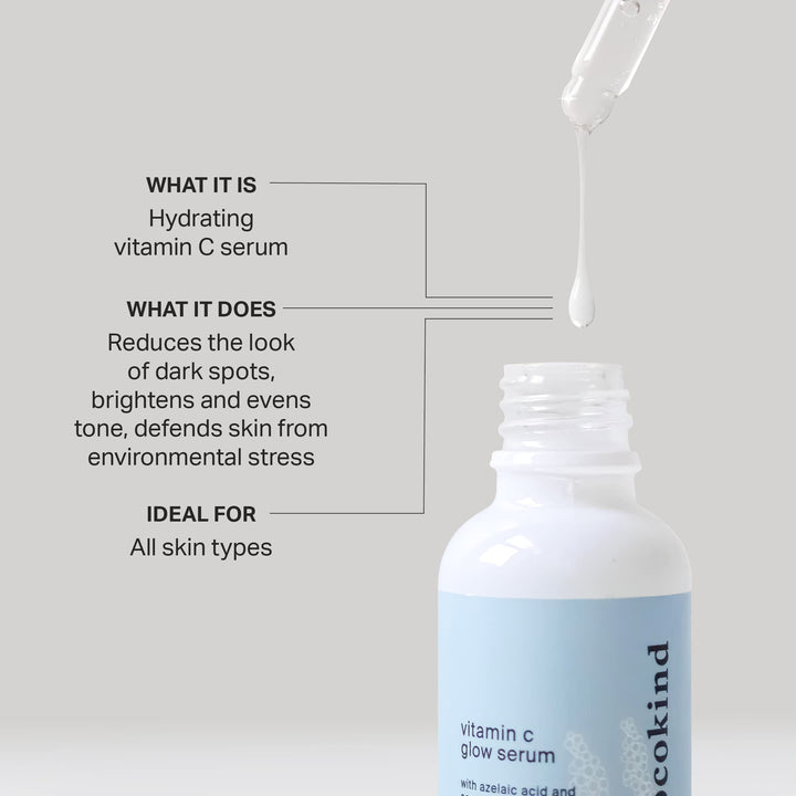 Cocokind Vitamin C Glow Serum with Azelaic Acid and Sea Grape Caviar for Bright and Even Skin, 1 Fl Oz