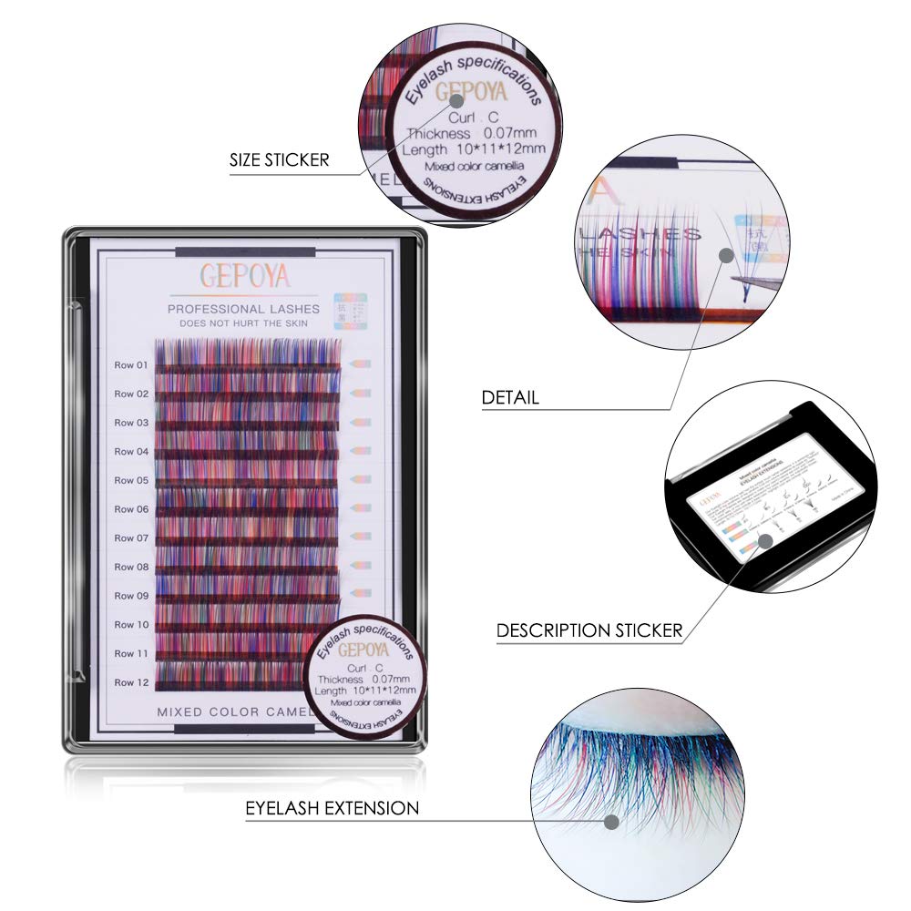 Individual Multi-Colored Eyelash Extensions Rainbow Color Lashes 0.07Mm Thickness B Curl Gepoya Platinum 3D Layer Camellia Volume Lash - Mixed 3 Lengths Rainbow Colours In 1 Root-