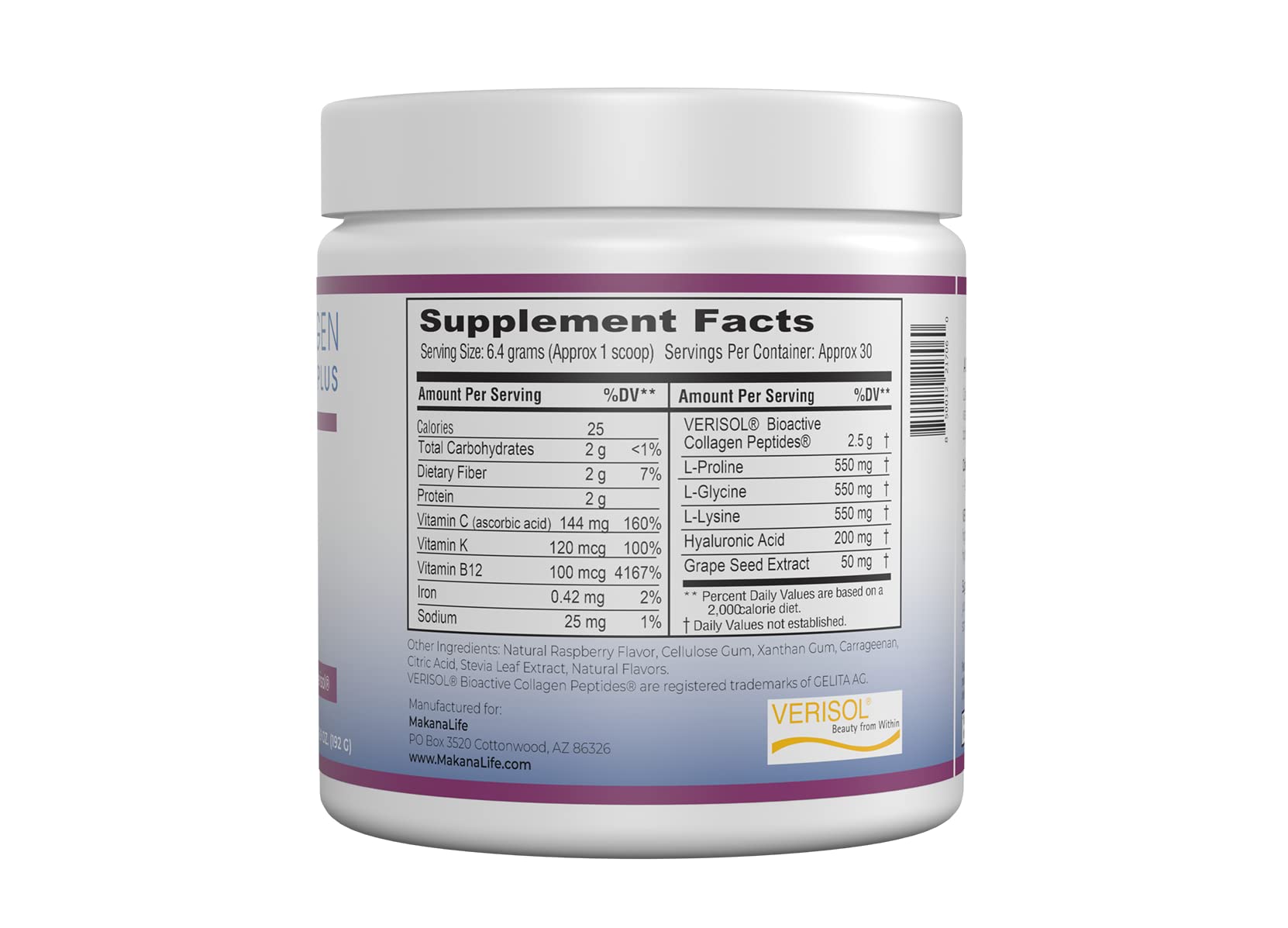 Makana Collagen Peptides Plus – with Verisol®, Vitamin C, Hyaluronic Acid & Amino Acids – Supports Hair, Skin, Nails, & Joints, 30 Servings – Raspberry Flavor