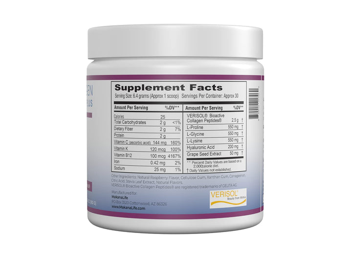 Makana Collagen Peptides Plus – with Verisol®, Vitamin C, Hyaluronic Acid & Amino Acids – Supports Hair, Skin, Nails, & Joints, 30 Servings – Raspberry Flavor