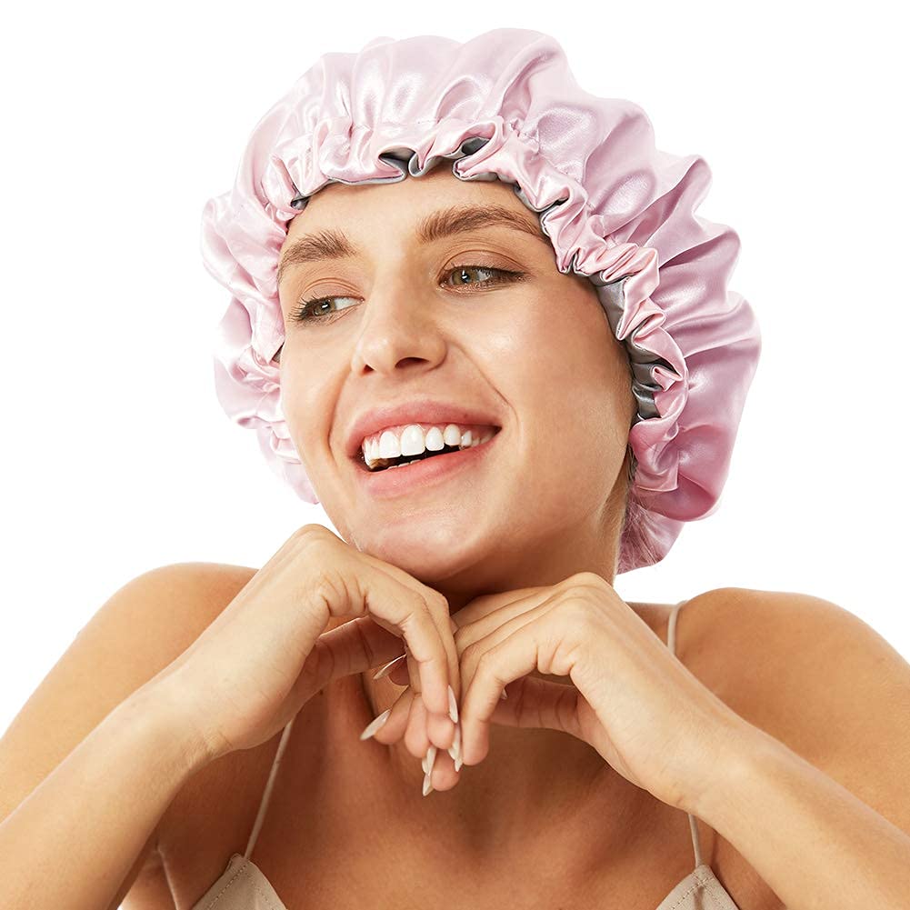 ELIHAIR Night Sleep Satin Cap for Women Girls Natural Hair Extra Large Satin Bonnet Cover Double Side Satin Cap Pink/Silvery Grey
